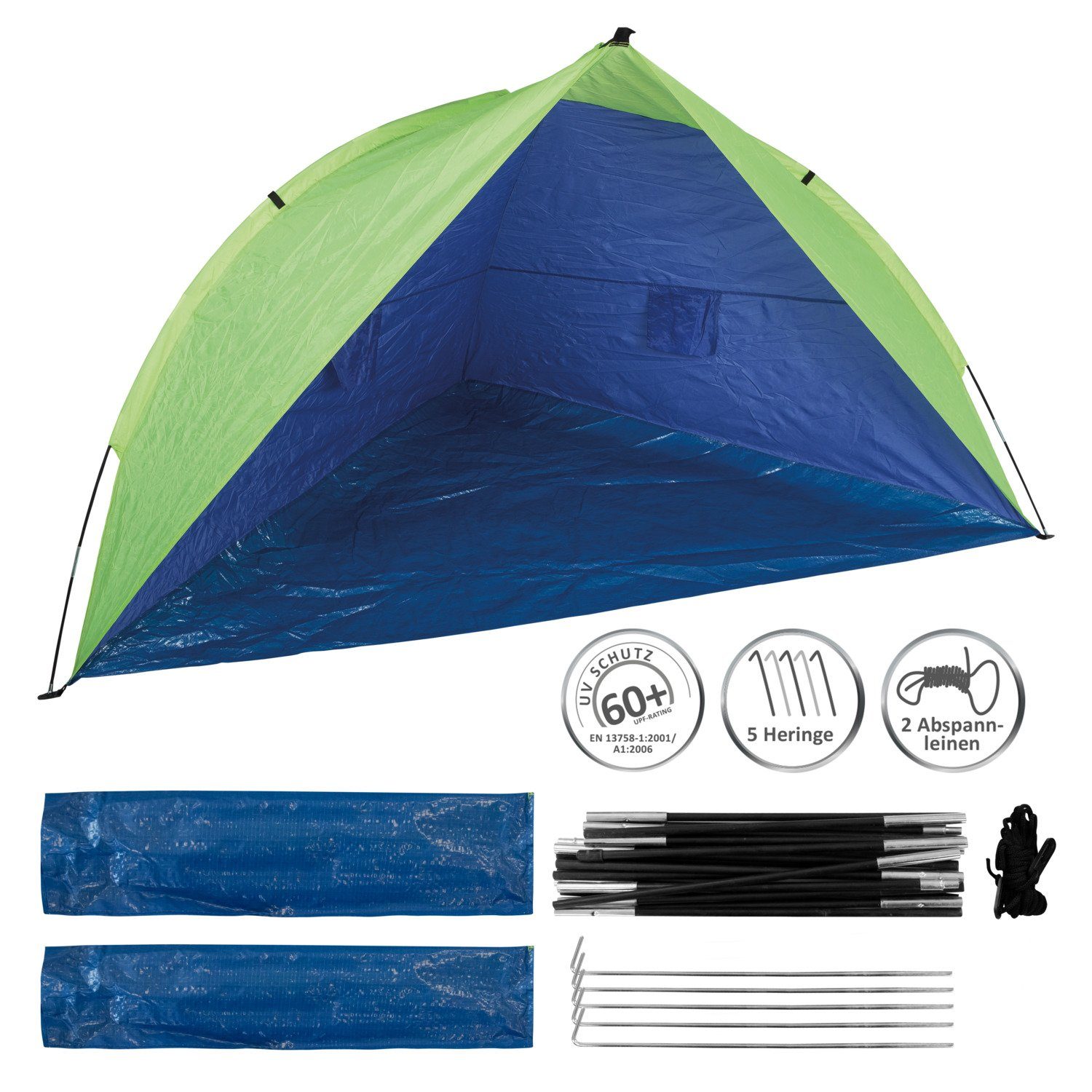 Idena Strandmuschel Idena 40000 - Strandmuschel UV Schutz 60+, ca. 2,4 x 1,25 x 1,25 m, (1 Zelt, 2 Fiberglasstangen, 2 Abspannseile, 5 Heringe, 1 Tragetasche)