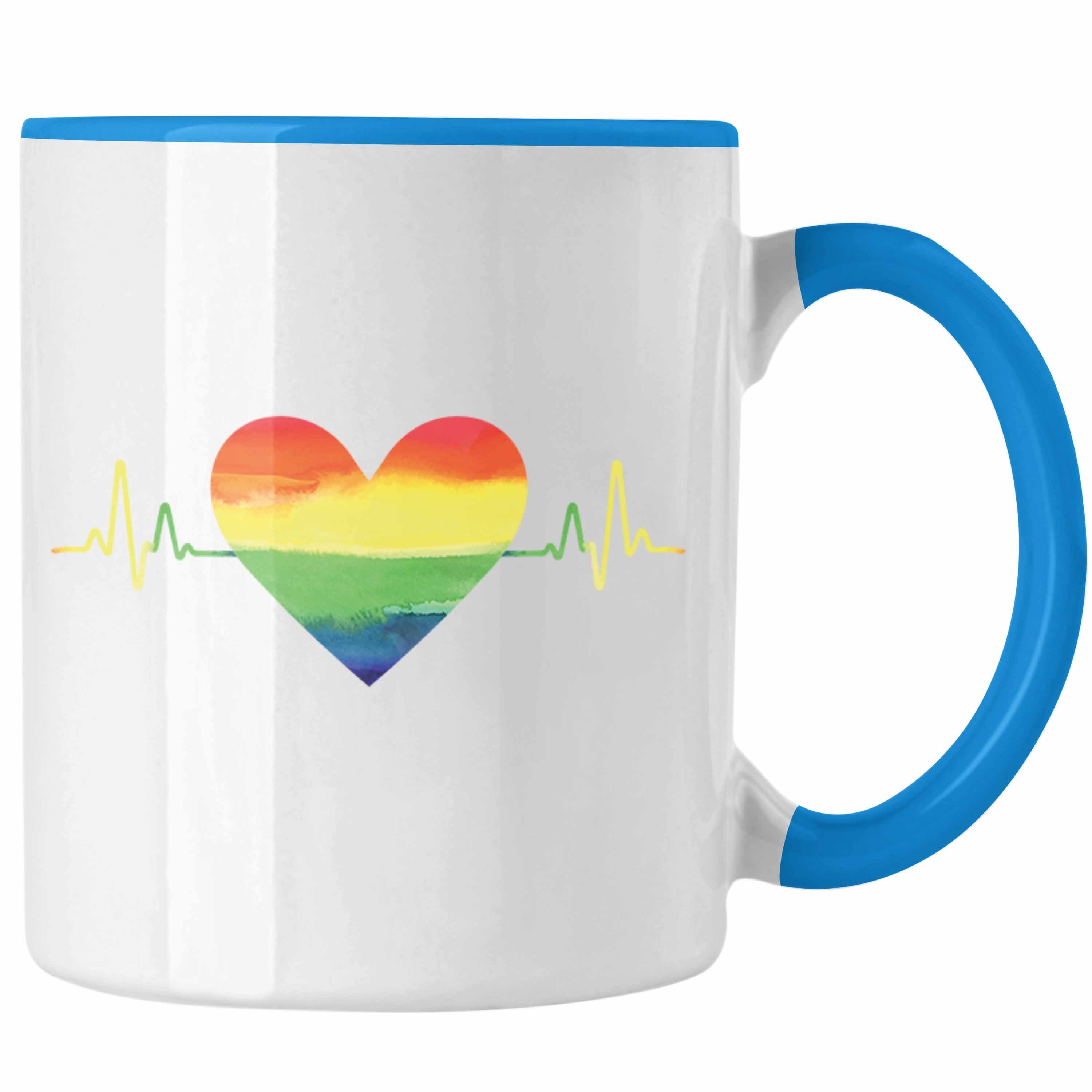 Trendation Tasse Trendation - Regenbogen Tasse Geschenk LGBT Schwule Lesben Transgender Grafik Pride Herzschlag Blau