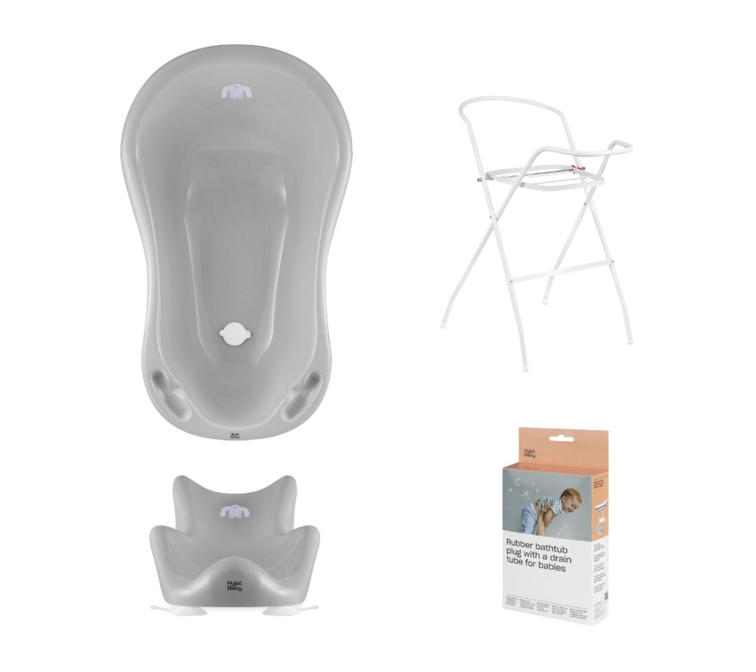 Thumbnail - Hylat Baby Babybadewanne Babywanne, Sitz, Ständer, Abfluss – Grau, (4-teiliges SET)