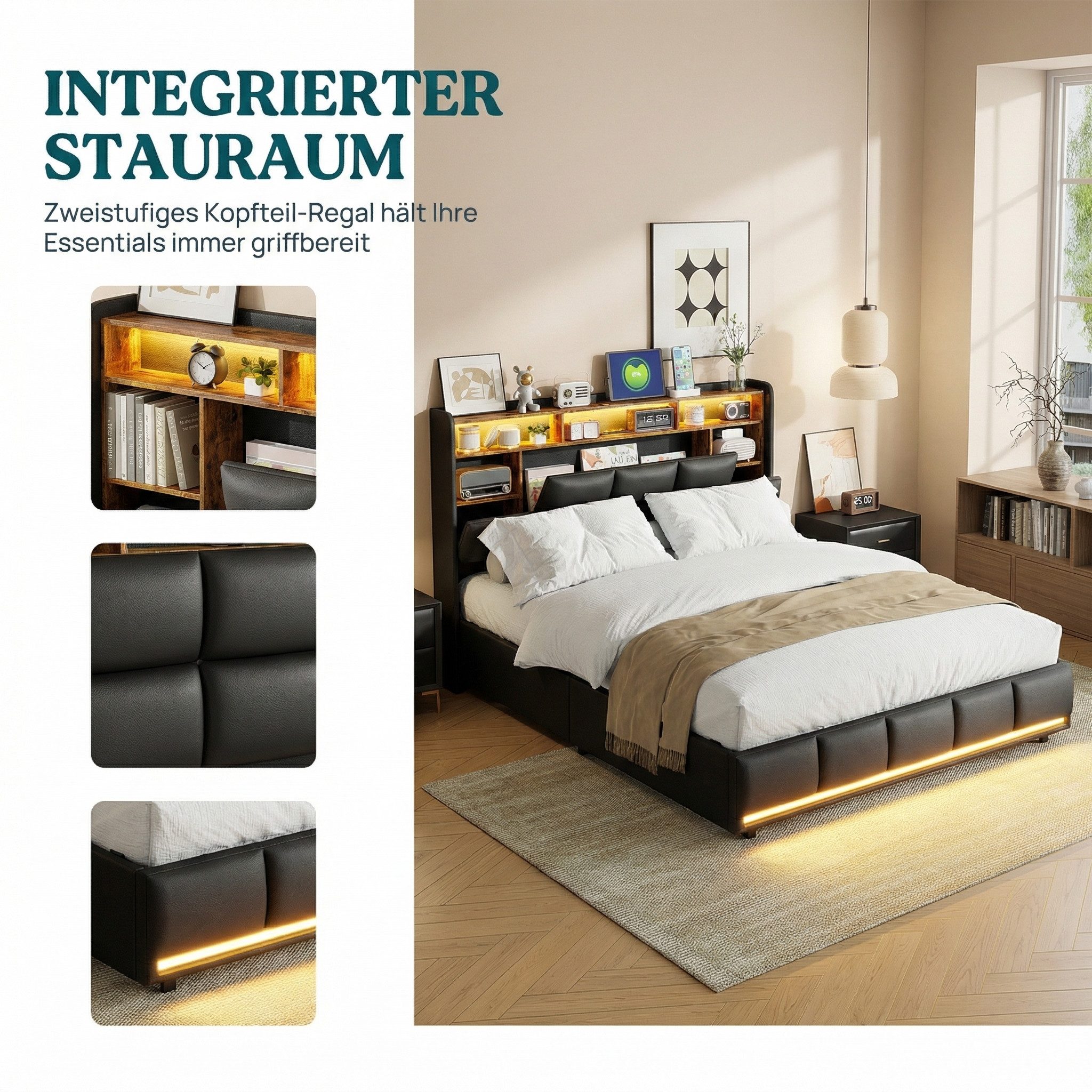 PXloue Polsterbett LED Doppelbett Stauraumbett (Hydraulisch hebbarer Stauraum), Bettkasten, Ladestation, Kunstleder, 140x200 cm
