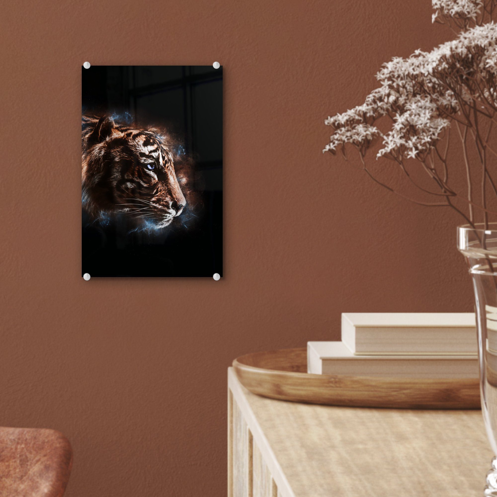 MuchoWow Acrylglasbild Tiger - Magie (1 auf - - Glas bunt Wanddekoration Foto - - auf St), Glas Bilder Schwarz, Glasbilder Wandbild