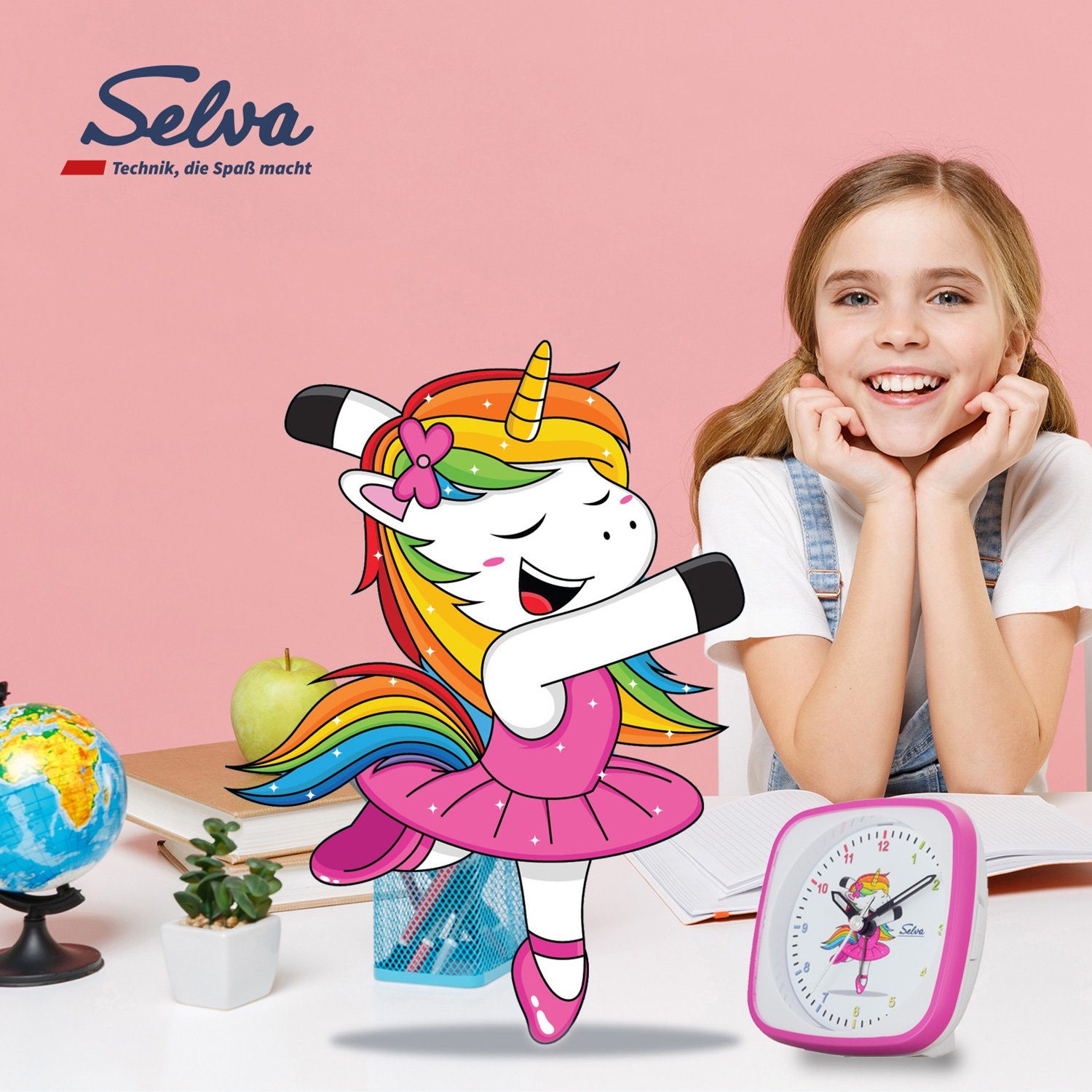 Wanduhr Licht Exklusiv Kinderwecker, mit Selva lautlos, pink Technik SELVA