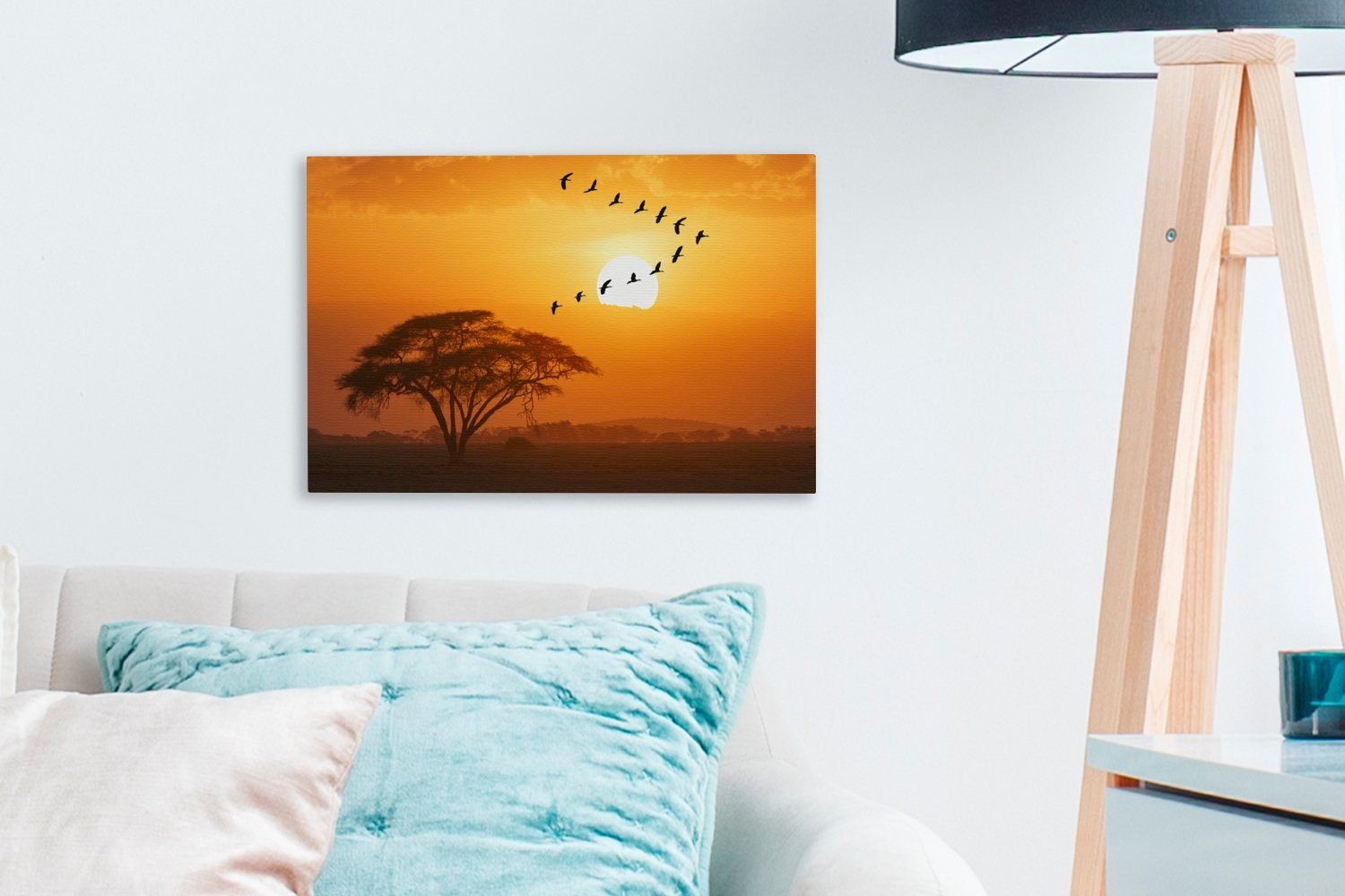 bei Wanddeko, Nilgänse Aufhängefertig, Leinwandbild in, Sonnenuntergang Wandbild cm Ein in Schwarm 30x20 V-Formation OneMillionCanvasses® St), (1 Leinwandbilder, fliegt