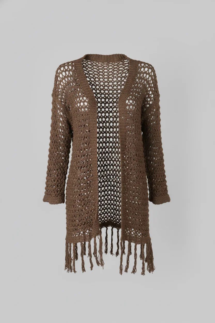 No Matter What Blusenjacke Locker sitzende, lange Strickjacke mit gestrickten Quasten.