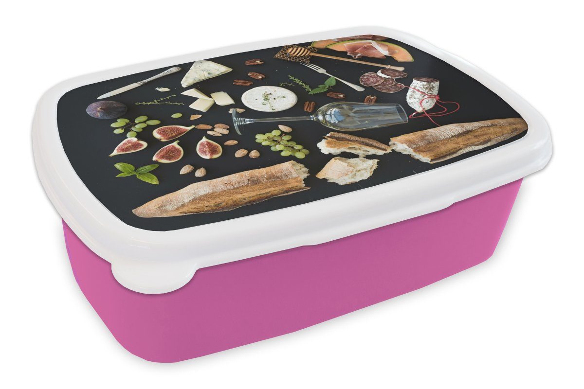 MuchoWow Lunchbox Wein - Obst - Käse, Kunststoff, (2-tlg), Brotbox für Erwachsene, Brotdose Kinder, Snackbox, Mädchen, Kunststoff rosa