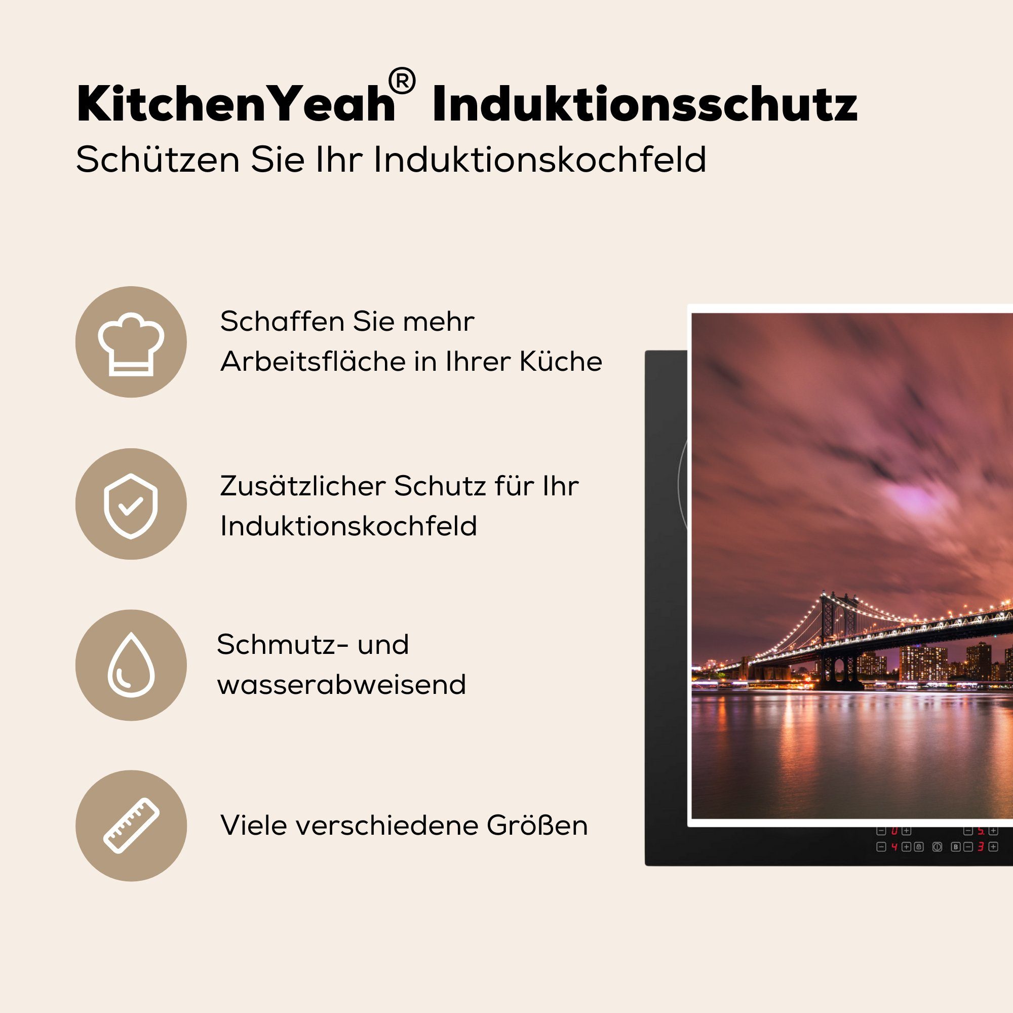 Induktionskochfeld (1 cm, Die die MuchoWow 81x52 einem tlg), Bridge Abendhimmel, küche, Herdblende-/Abdeckplatte Amerika roten für in vor Schutz Ceranfeldabdeckung Brooklyn Vinyl,