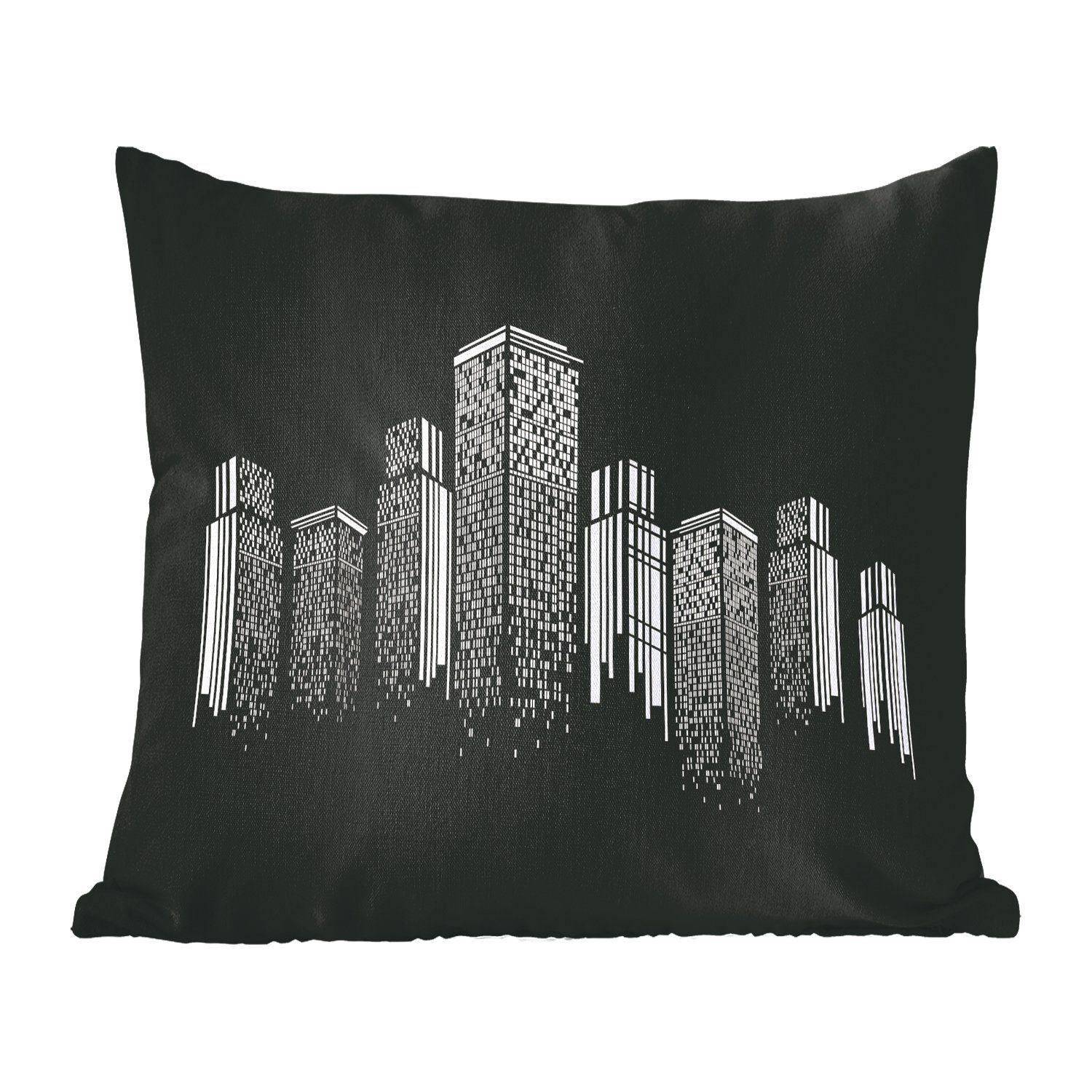 MuchoWow Dekokissen Eine Schwarz-Weiß-Illustration einer Skyline, Zierkissen mit Füllung für Wohzimmer, Schlafzimmer, Deko, Sofakissen