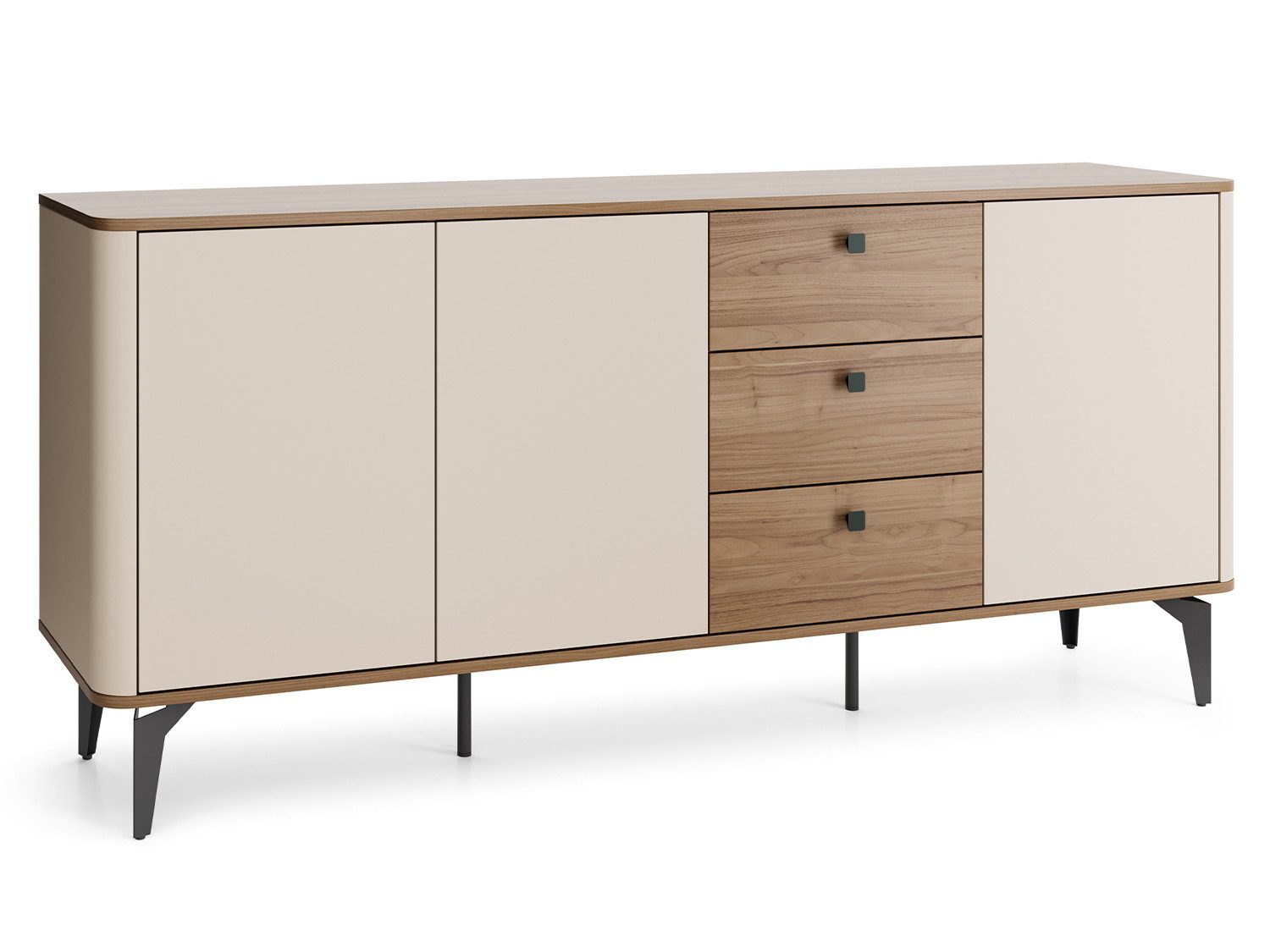 Beautysofa Kommode AURORA Sideboard mit viel Stauraum 180 cm (modernes Design mit TIP-ON, schwarze Metallbeine), Cashmere & Royal Nussbaum