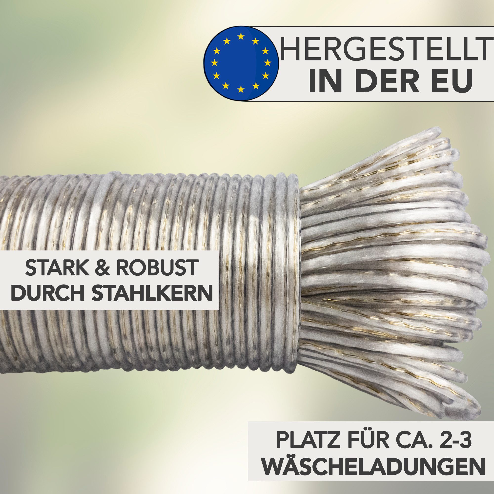 SOHFA Wand-Wäscheleine 50m mit Stahlkern - Camping Wäscheleine Extra Stark ca. 3mm, Stabile Wäscheschnur Outdoor ohne Bohren