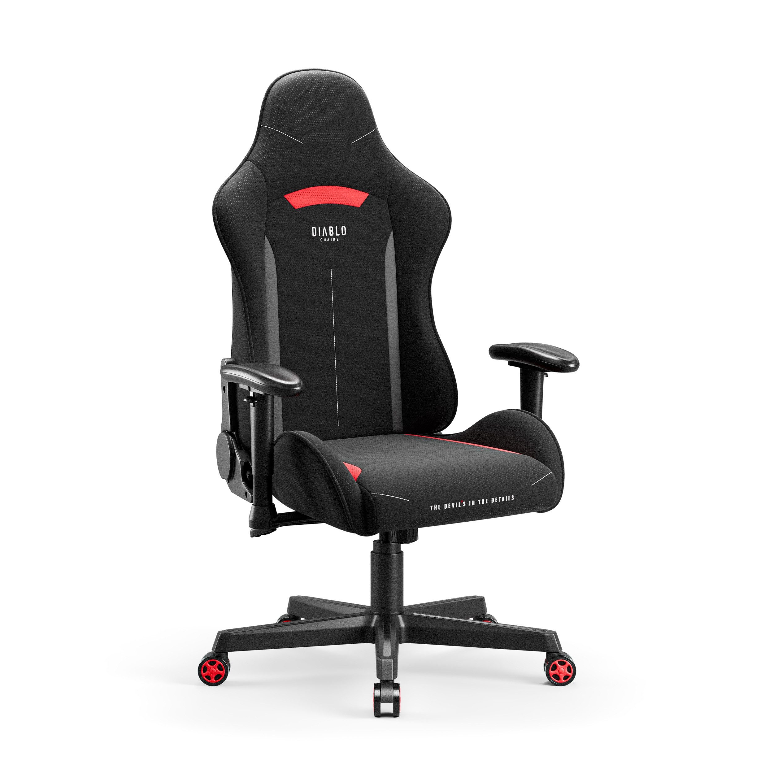 DIABLO CHAIRS Gaming-Stuhl X-Starter Stoff ergonomisch TiltTech Armlehnen Kopfstütze (TiltTech Butterfly, SoftTouch Stoff, 2D-Armlehnen, Gummiräder bodenschonend), Lendenkissen SoftTouch Wippfunktion Metallbasis 136kg