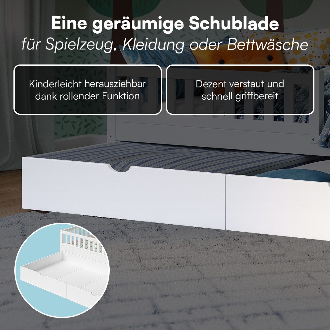 Bellabino Kinderbett Vils mit Lattenrost und Rausfallschutz 90x200 cm (weiß, mit großer Schublade, optional mit Matratze), aus Kiefer Massivholz