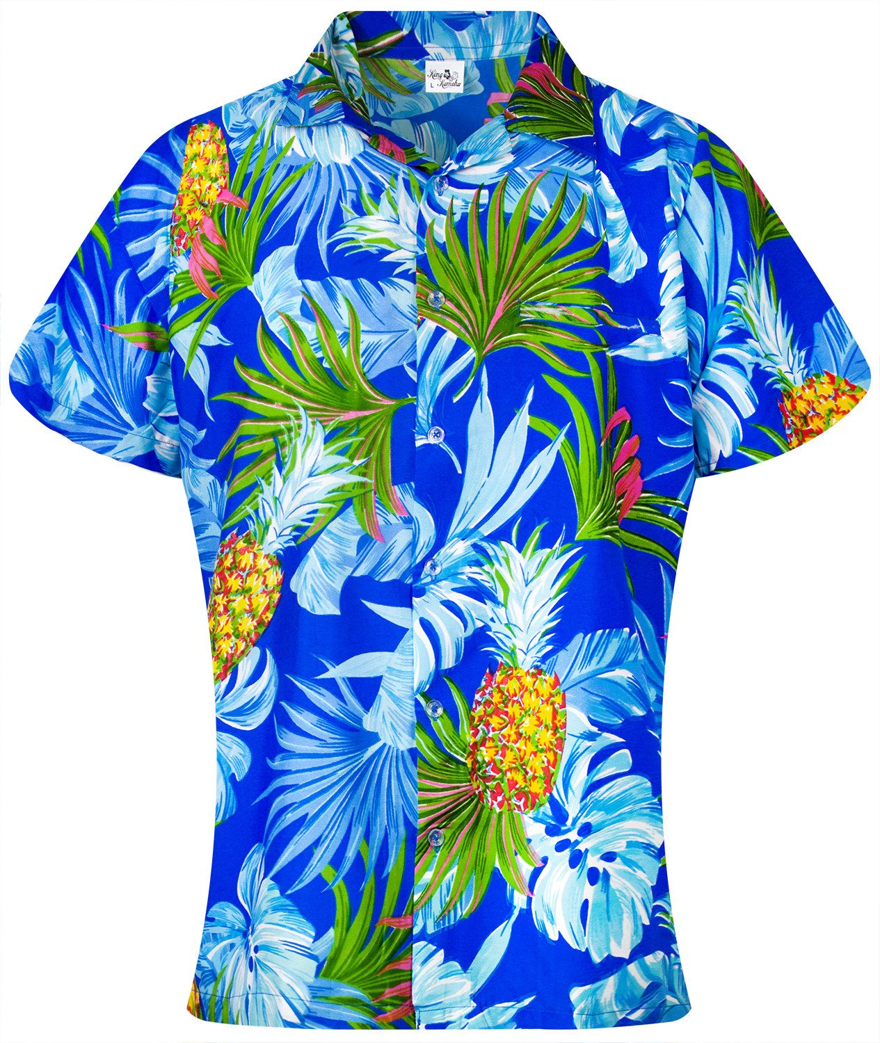 King Kameha Hawaiihemd Pineapple Leaves Funky Hawaiibluse Damen Kurzarm Front-Tasche Stylish