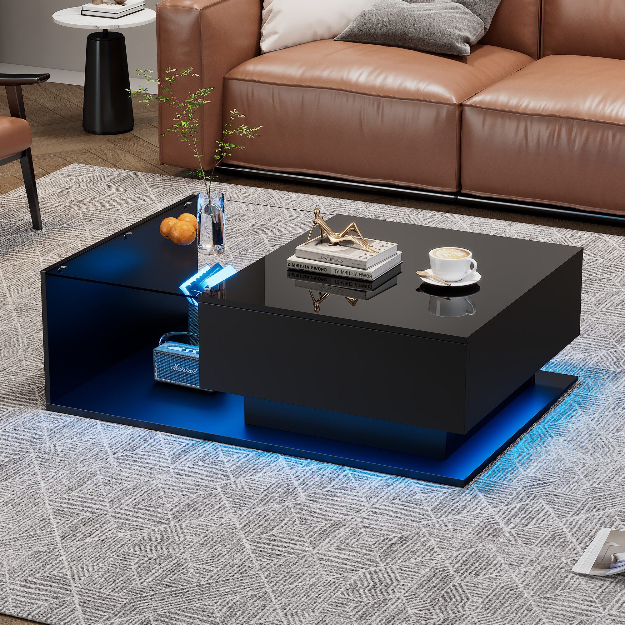 Merax Couchtisch mit Glastischplatte und Schublade, Beistelltisch Hochglanz mit LED inkl. APP, Wohnzimmertisch
