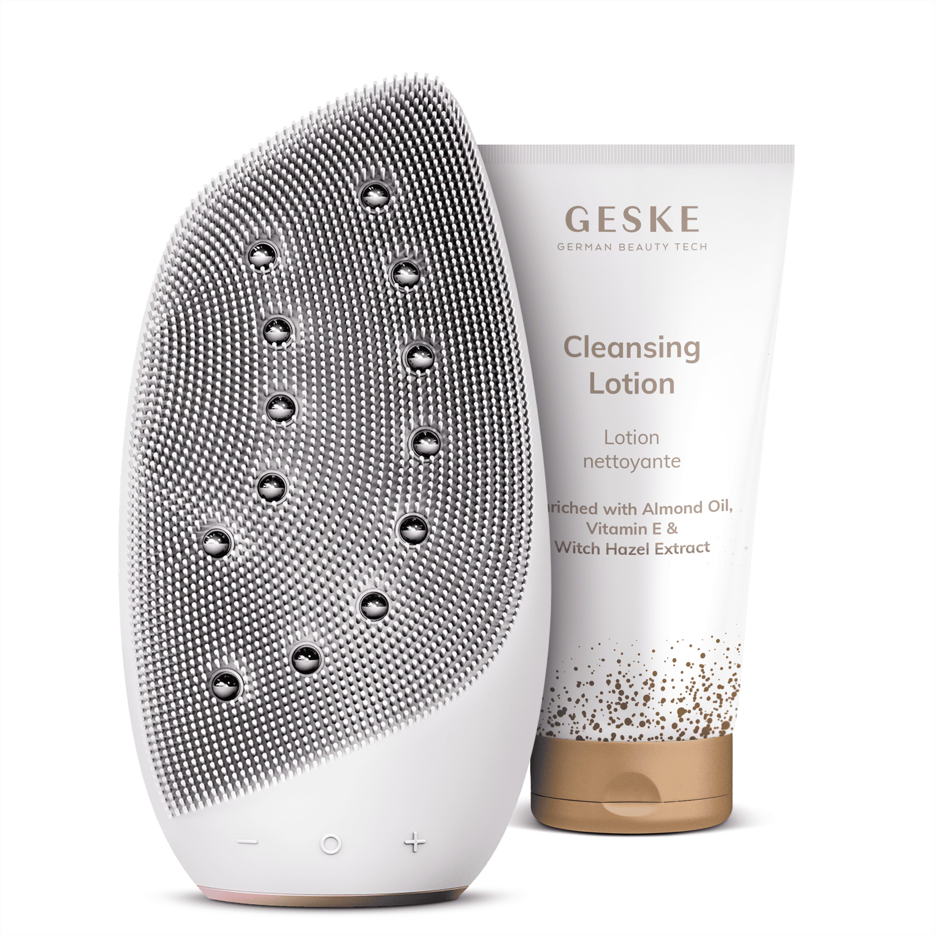 GESKE German Beauty Tech Elektrische Gesichtsreinigungsbürste Sonic Thermo Facial Brush & Face-Lifter in Starlight + Gratis Kosmetik, Packung (Gerät & USB-Ladekabel), 2-tlg., Gerät inkl. kostenloser APP (SmartAppGuided Device), Mit der GESKE App erhältst Du deine personalisierte Hautpflegeroutine.