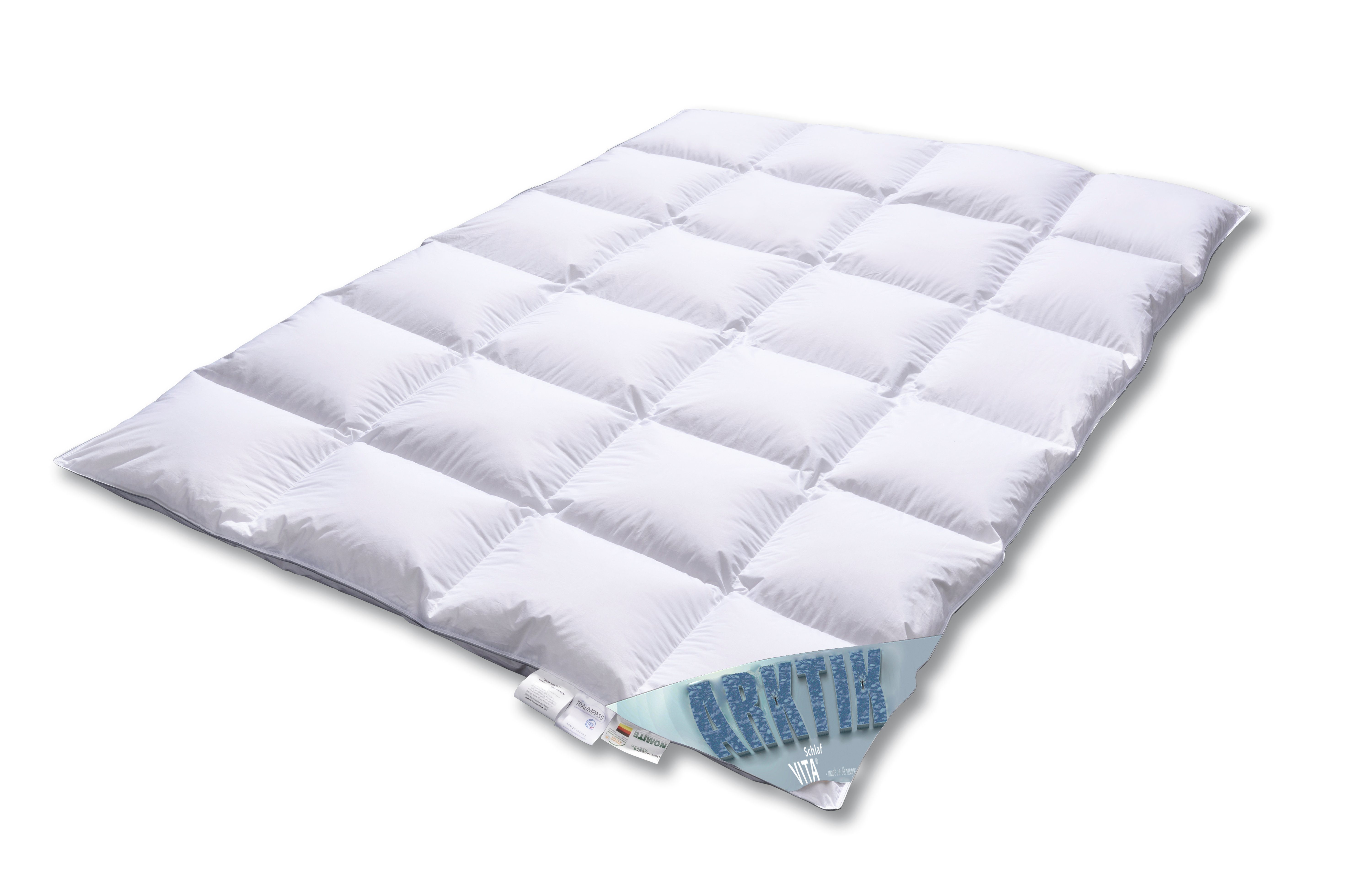 Vitaschlaf Daunenbettdecke Vitaschlaf® ARKTIK Bettdecken für Sommer und Winter, Ganzjahresdecke, Füllung: 100% Landdaunen, Bezug: weiss, mit Daunendichter Doppelnaht Am Aussenrand, Bettdecke 135x200 cm, 155x220 cm und weitere Größen, Made in Germany