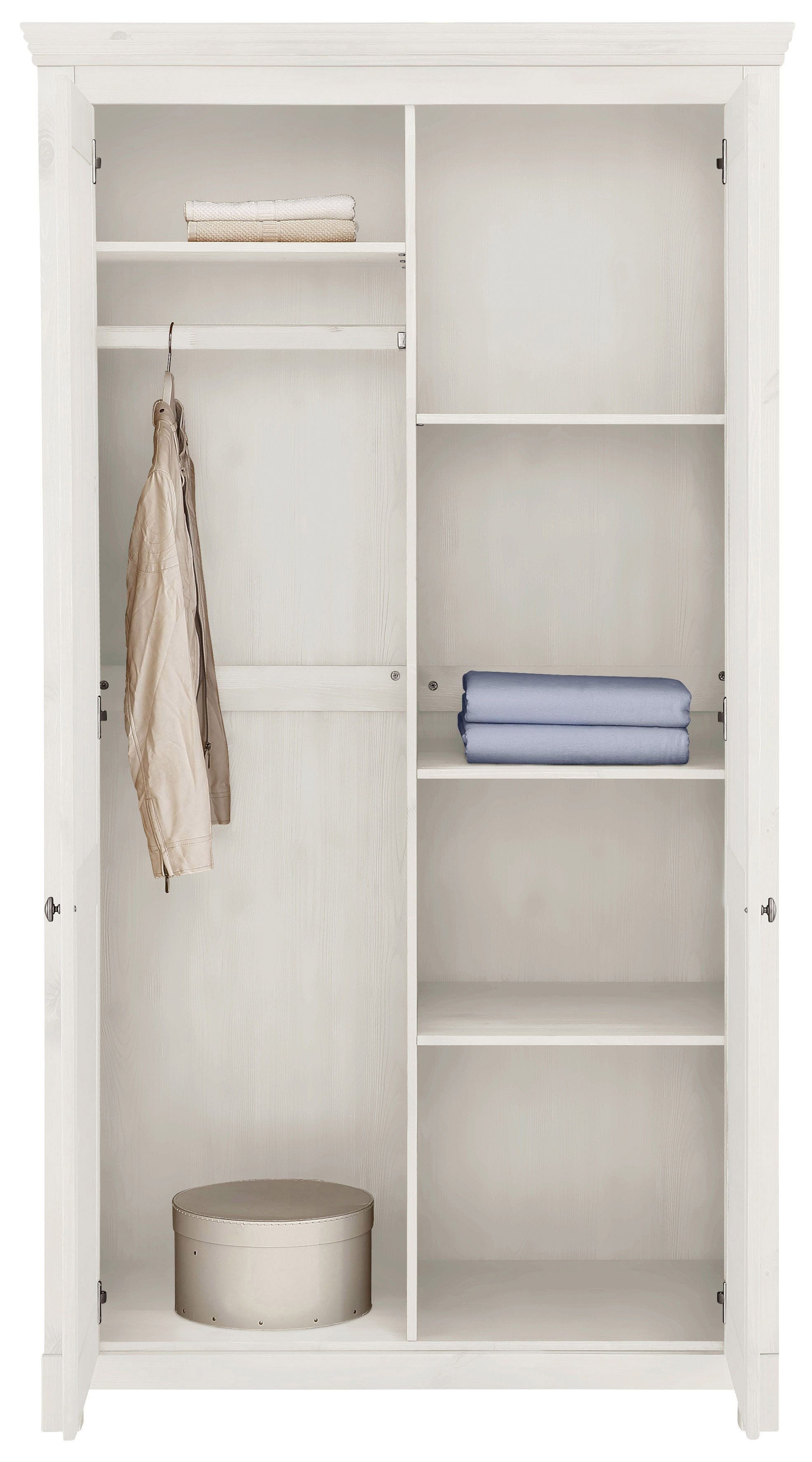 OTTO home Kleiderschrank Rauna, mit Lamellen und Kassetten, klassischer Landhausstil, rustikal (2 Breiten: 113/159 cm H/T ca. 195/60 cm) massive Kiefer, Metallgriffe, mehrere Varianten, zeitloses Design