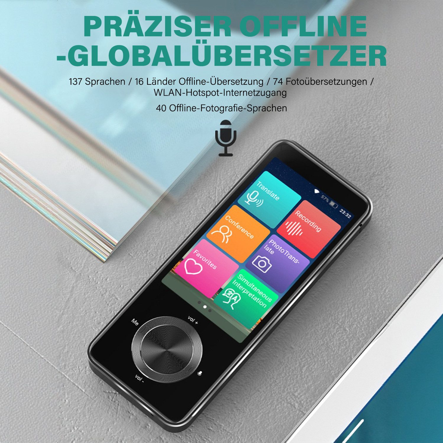 MOPUEA Sprachcomputer Elektronischer Übersetzer Multifunktionaler Sprachübersetzer, für 130 Sprachen mit Touchscreen und Offline-Funktion, Bluetooth