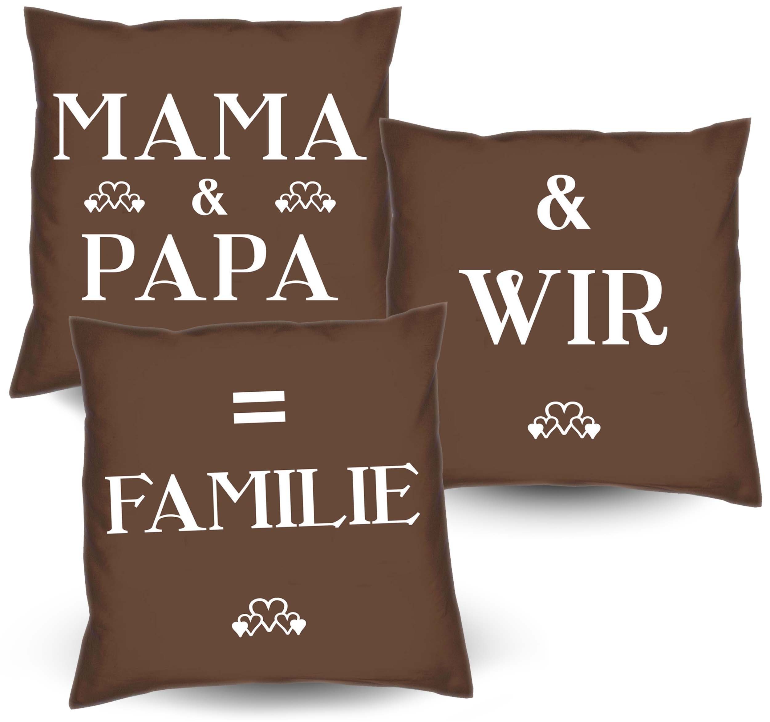 Soreso® Dekokissen 3 Kissen Mama & Papa & wir = Familie Geschenke Weihnachten Eltern, Geschenk-Set