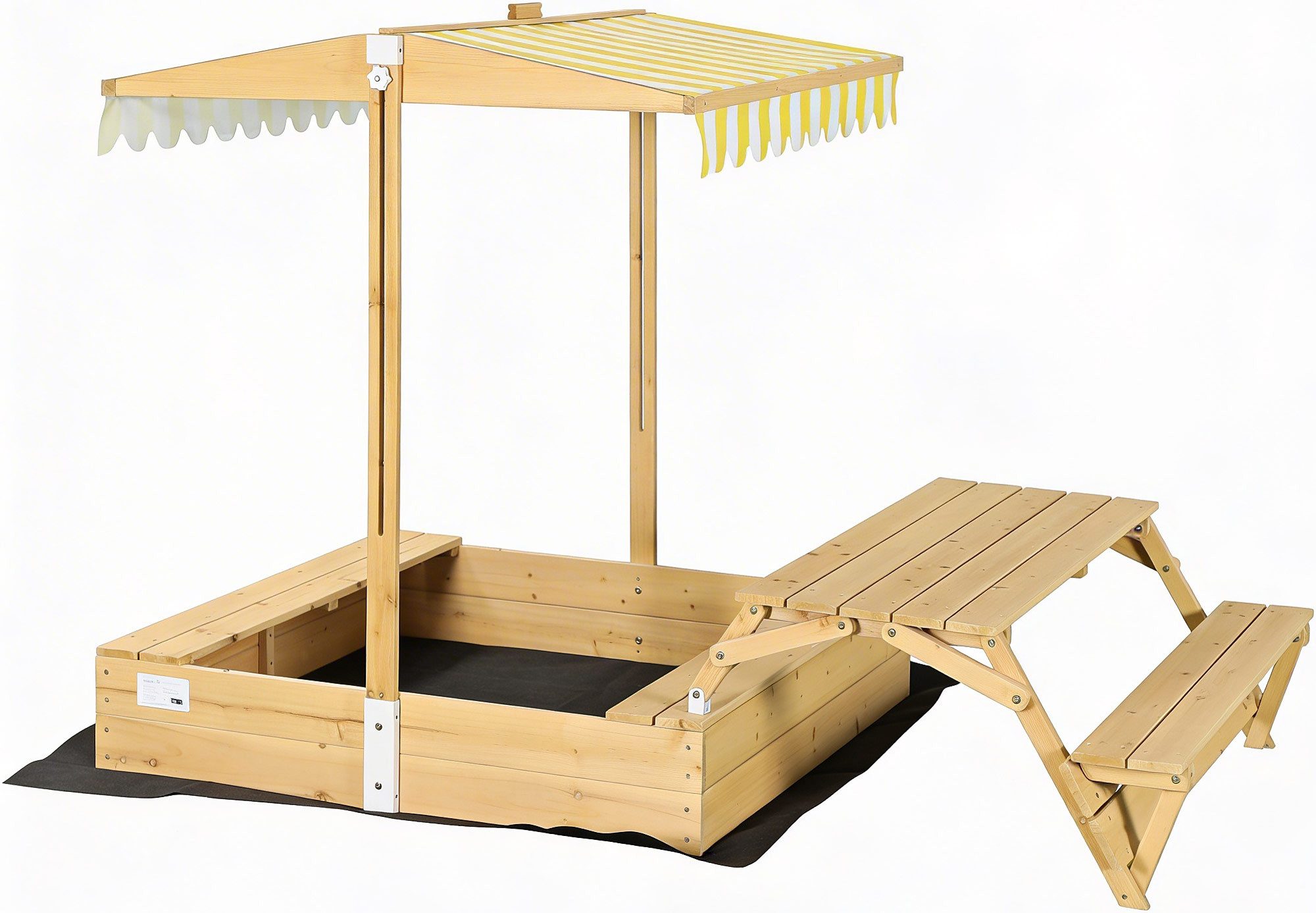 needs&wants® Sandkasten mit Picknicktisch Abdeckung Dach Deckel Boden Bänken, Sandkiste Holz, quadratisch klappbar verschließbar Garten, UV-Sonnenschutz, weiß braun