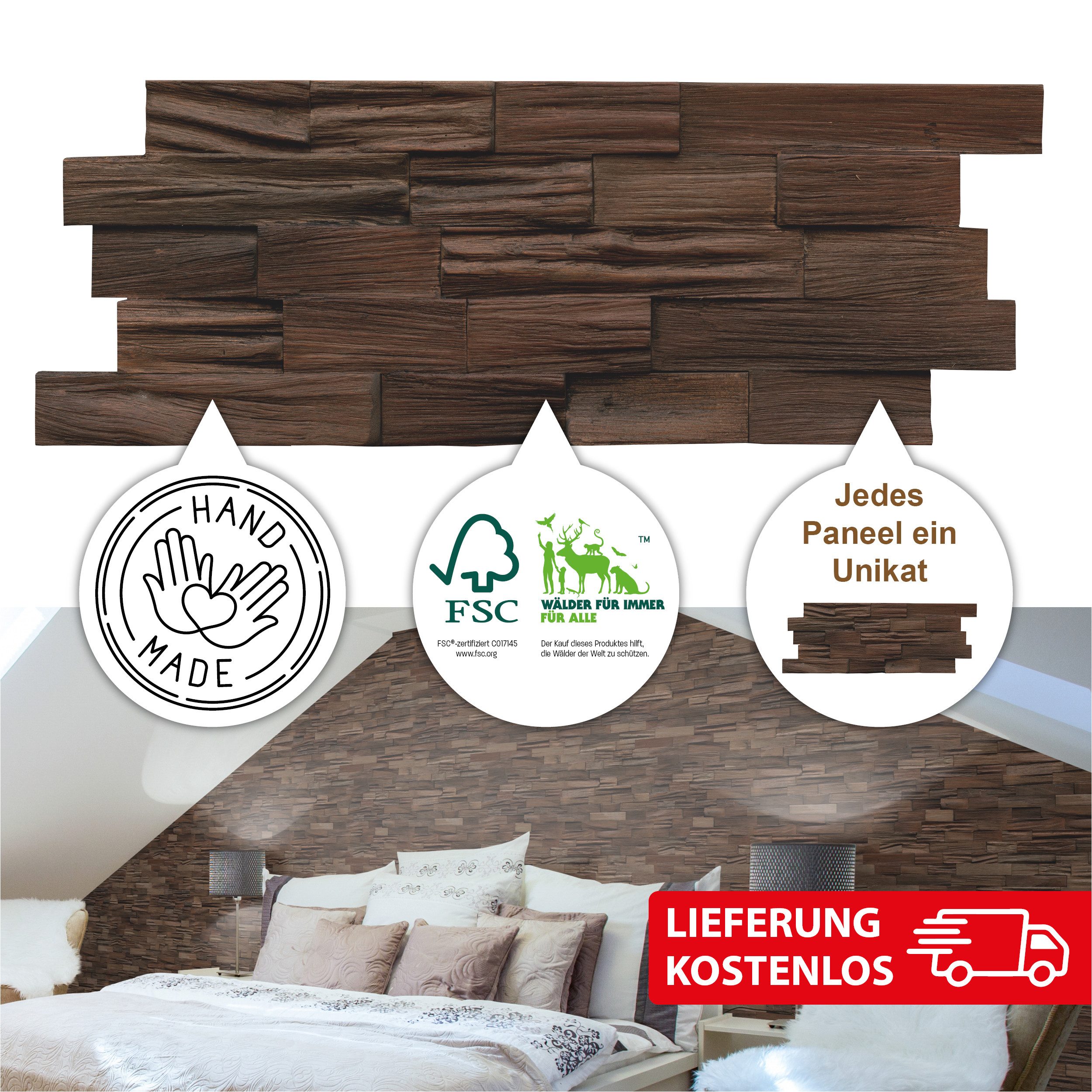 INDO 3D Wandpaneel Axewood FSC Bangkirai, BxL: 20,00x50,00 cm, 0,10 qm, (Packung mit 0,50 m², Versandkostenfreie Lieferung) Echtholz Wandverkleidung mit 3D-Effekt
