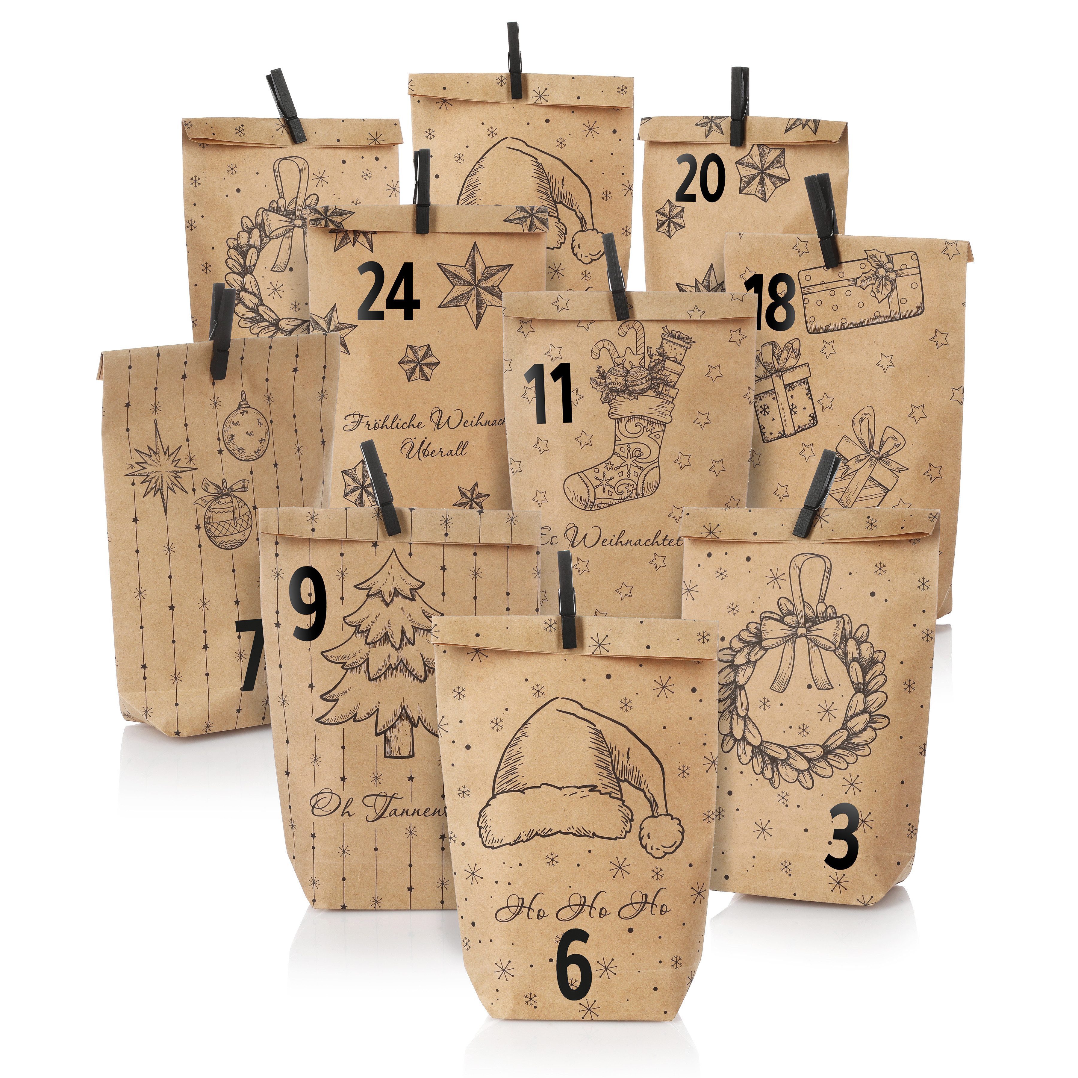 Nordstern befüllbarer Adventskalender Set mit 24 Tüten, Mini Klammern und Zahlen Aufklebern, zum Basteln für Kinder, Frau und Mann