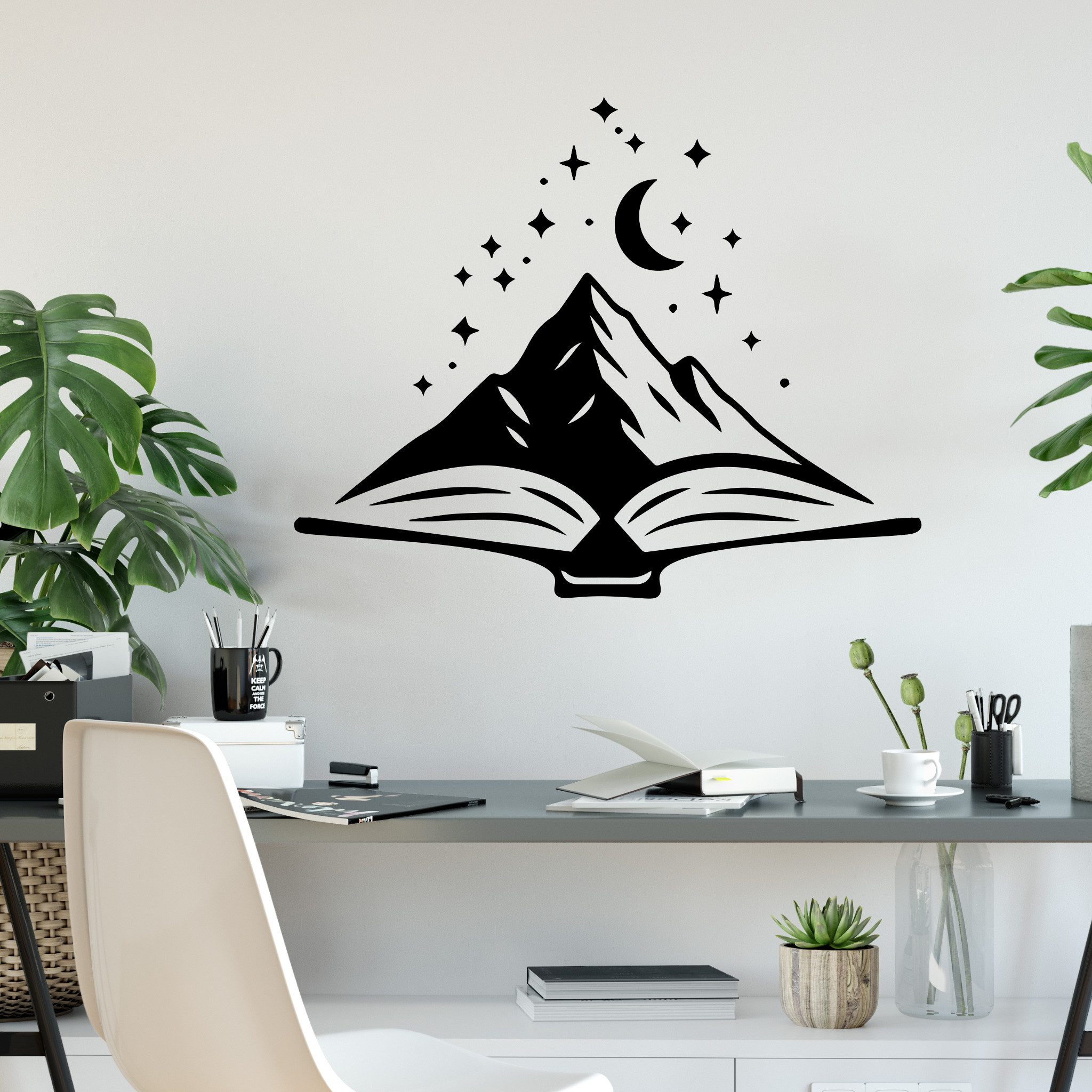 Sunnywall Wandtattoo Bookish Buch und Berge – minimalistisches Motiv mit Sternenhimmel, selbstklebend, konturgeschnitten, rückstandslos entfernbar