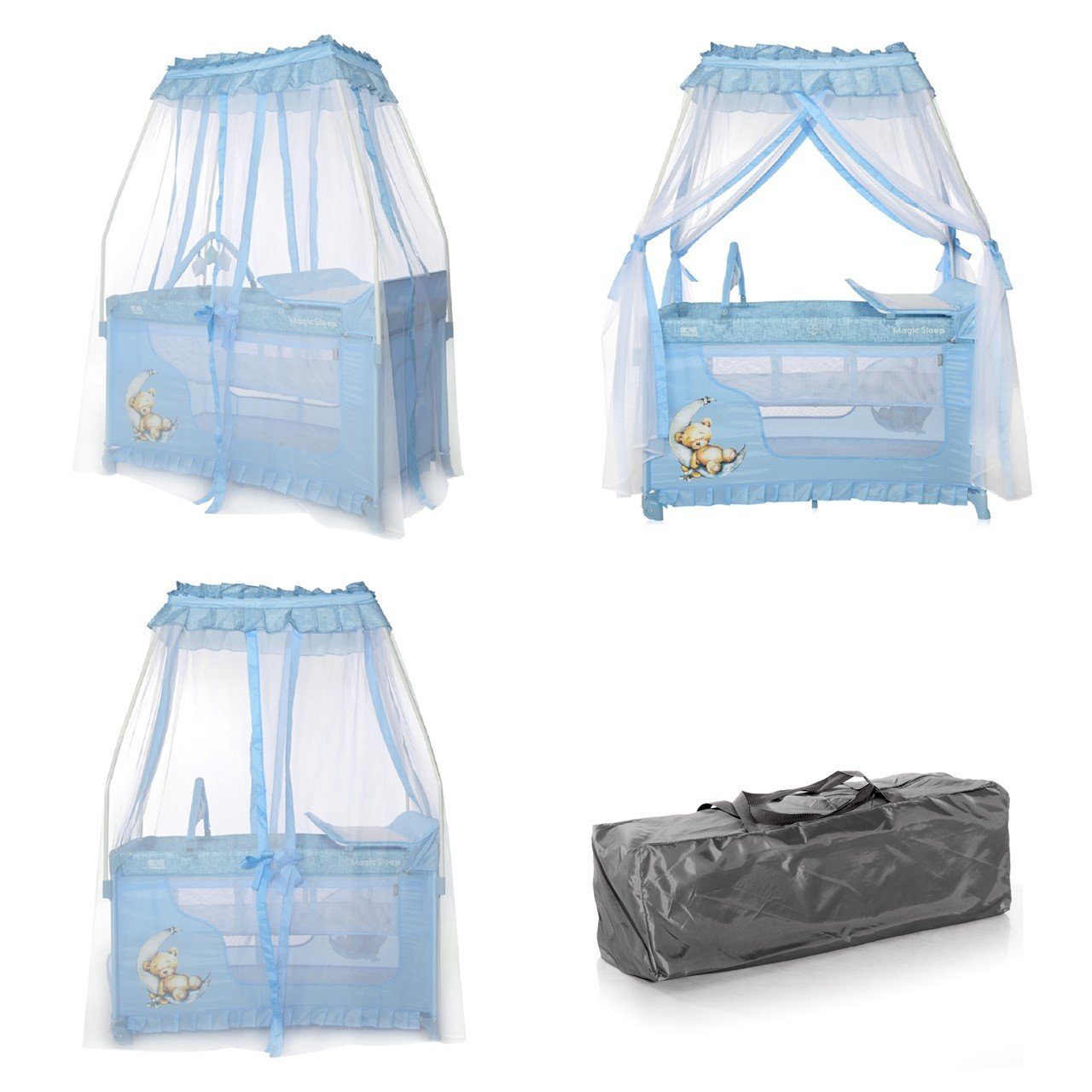 Lorelli Baby-Reisebett Reisebett, Laufstall Magic Sleep, 2 Ebenen Baldachin Mobile Wickelauflage faltbar