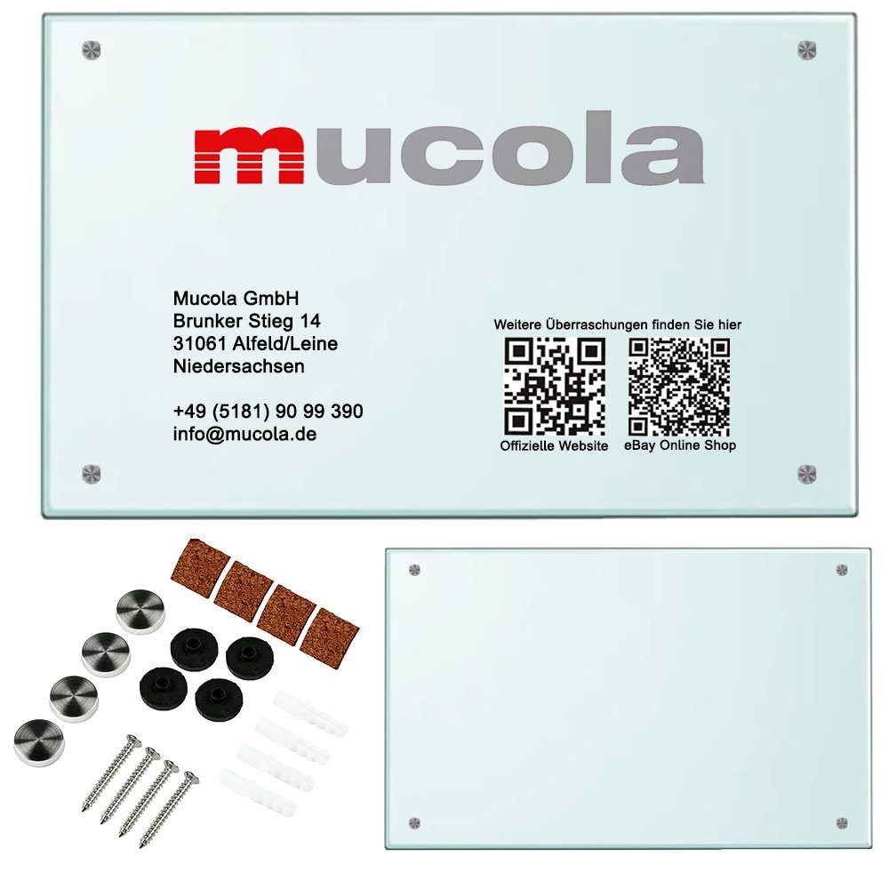 Mucola Hinweisschild Firmenschild Werbeschild Praxisschild Milchglas ESG Sicherheitsglas, (Stück, Firmenschild), Glaskanten umlaufend sauber poliert