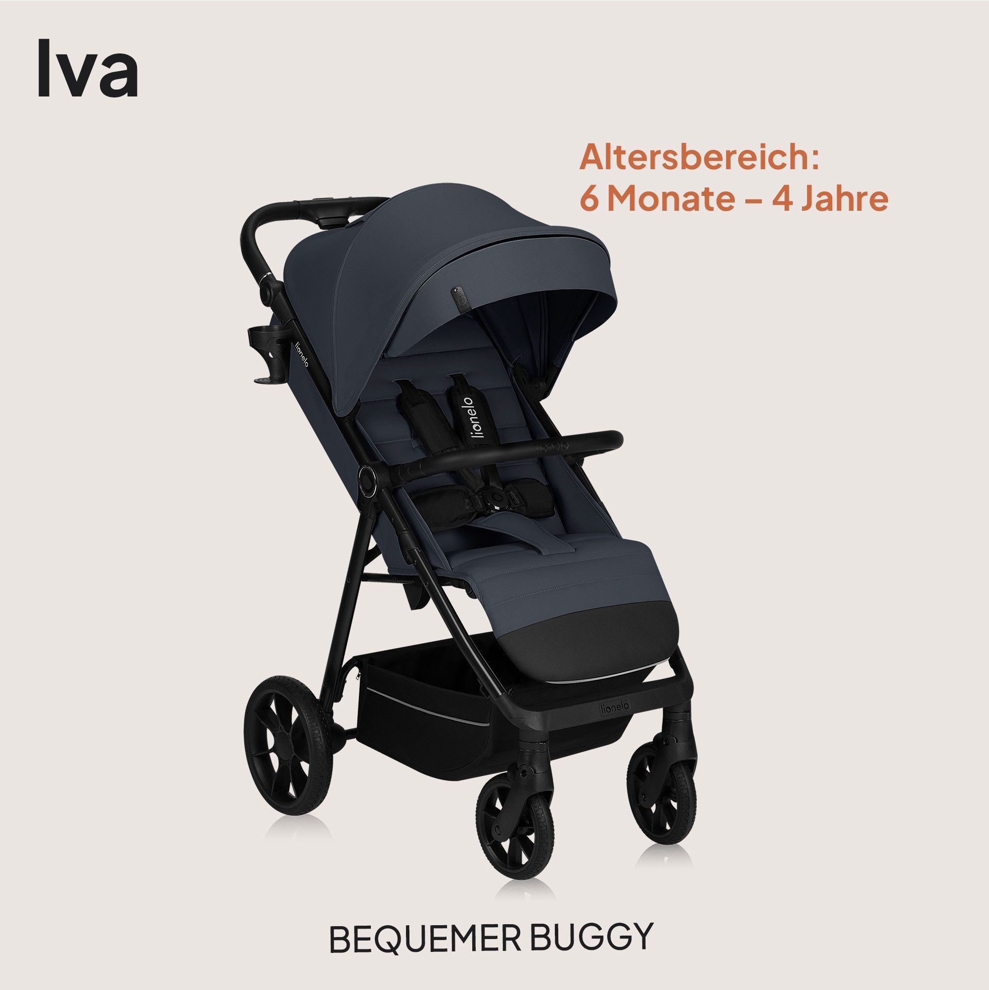 lionelo Kinder-Buggy IVA, (Set mit Moskitonetz und Getränkehalter), PU-Räder mit Profil/UPF50+/Magnetgurt/92 cm Liegefläche