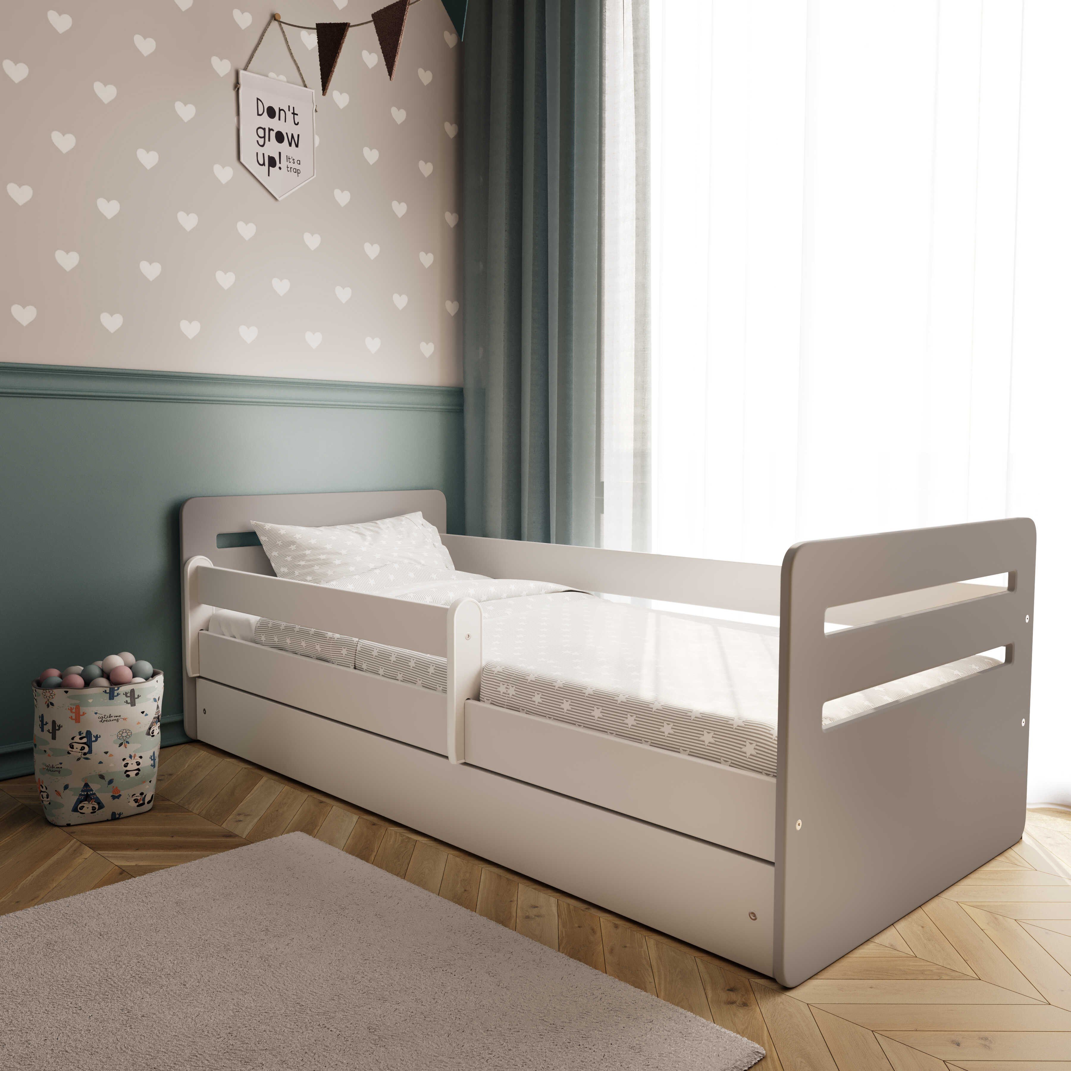 Bjird Kinderbett Tomi 140x80 160x80 180x80 (Mit 8 cm Matratze), mit Rausfallschutz Schubalde und Lattenrost für Mädchen und Junge