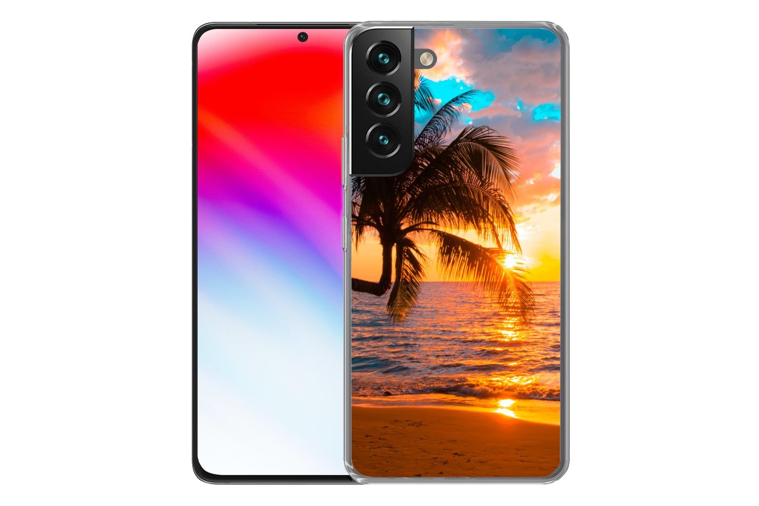 MuchoWow Handyhülle für Samsung Galaxy S22 Palme - Sonnenuntergang - Horizont - Strand - M, Phone Case, Silikon, Schutzhülle Dünn