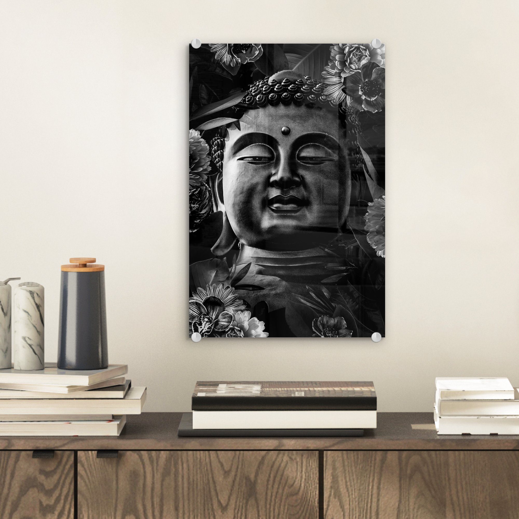 MuchoWow Acrylglasbild Kopf eines Bilder auf weiß, Glas - - auf Wandbild Blumen bunt - Wanddekoration Foto schwarz St), Buddhas und Glas - und Glasbilder (1