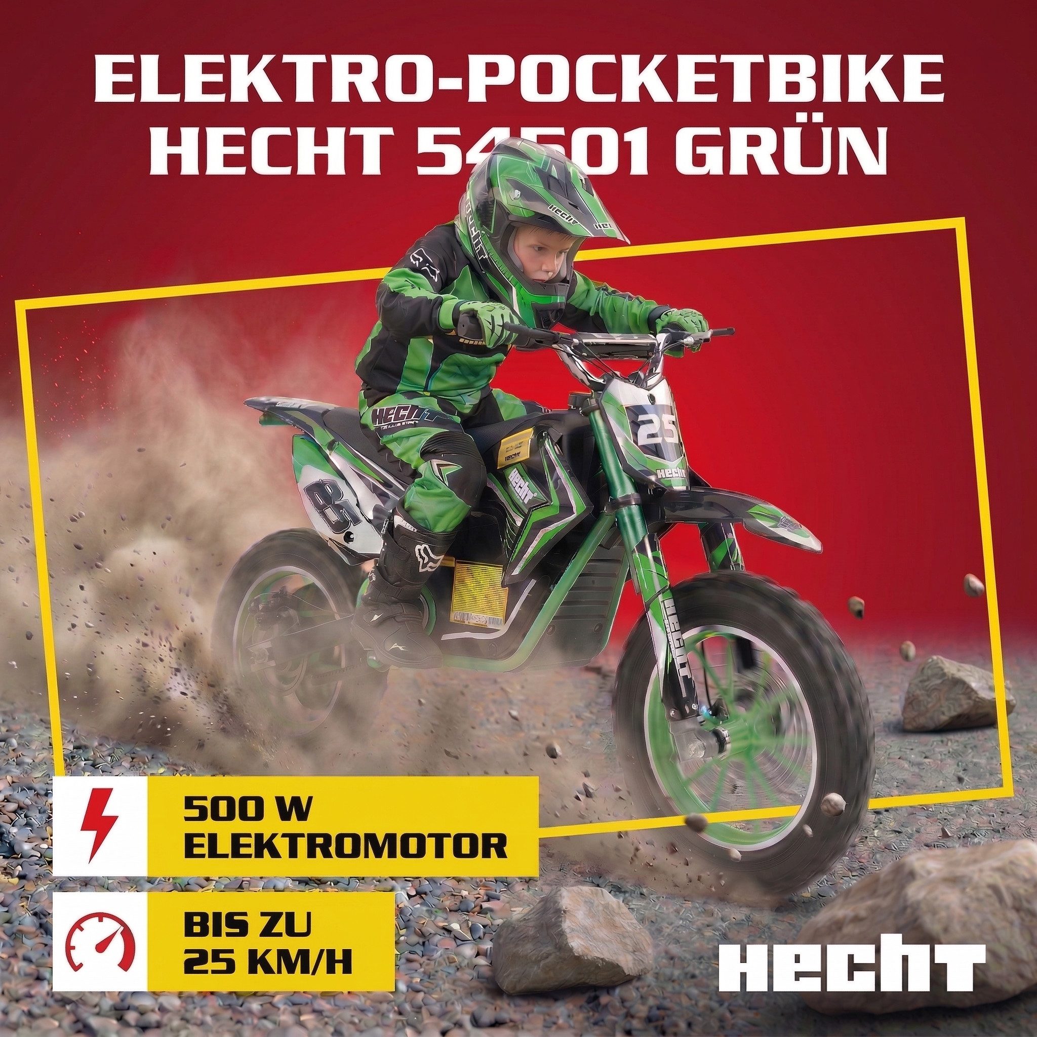 Hecht Elektro-Kindermotorrad Pocketbike 500W bis 25 km/h 36V 8Ah Akku, Belastbarkeit 75 kg, Scheibenbremsen