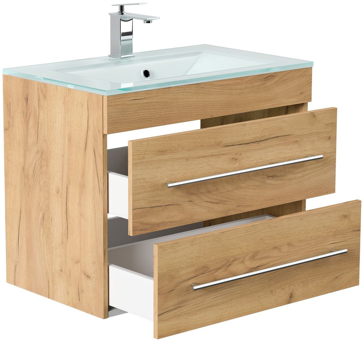 Thumbnail - Magnolia Home Waschtisch Badmöbel Vitro 750 mit Glaswaschbecken SoftClose eiche gold
