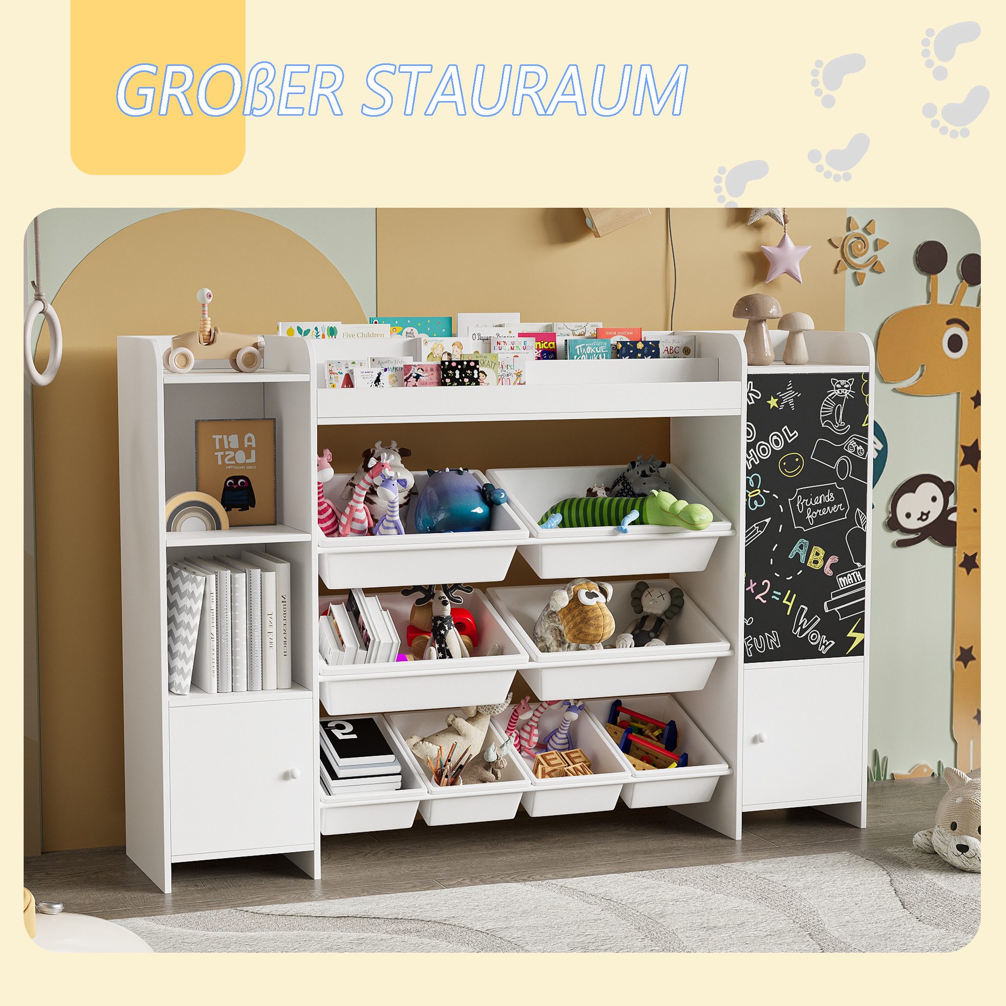 Furnishings Home Spielzeugtruhe Kinder Ablageregal Kinderregal Spielzeugregal (1 St), mit 9 Aufbewahrungsboxen, Tafel, Kinderzimmer Regal