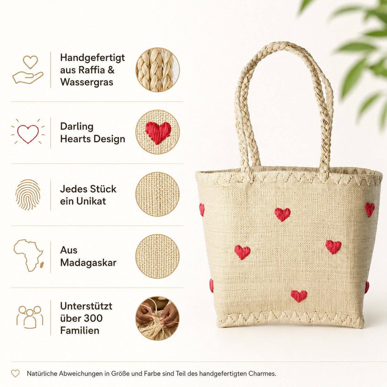 rice Freizeittasche Rice Raffia Tasche mit Herzen, handgefertigt, Natur/Rot (1-tlg)