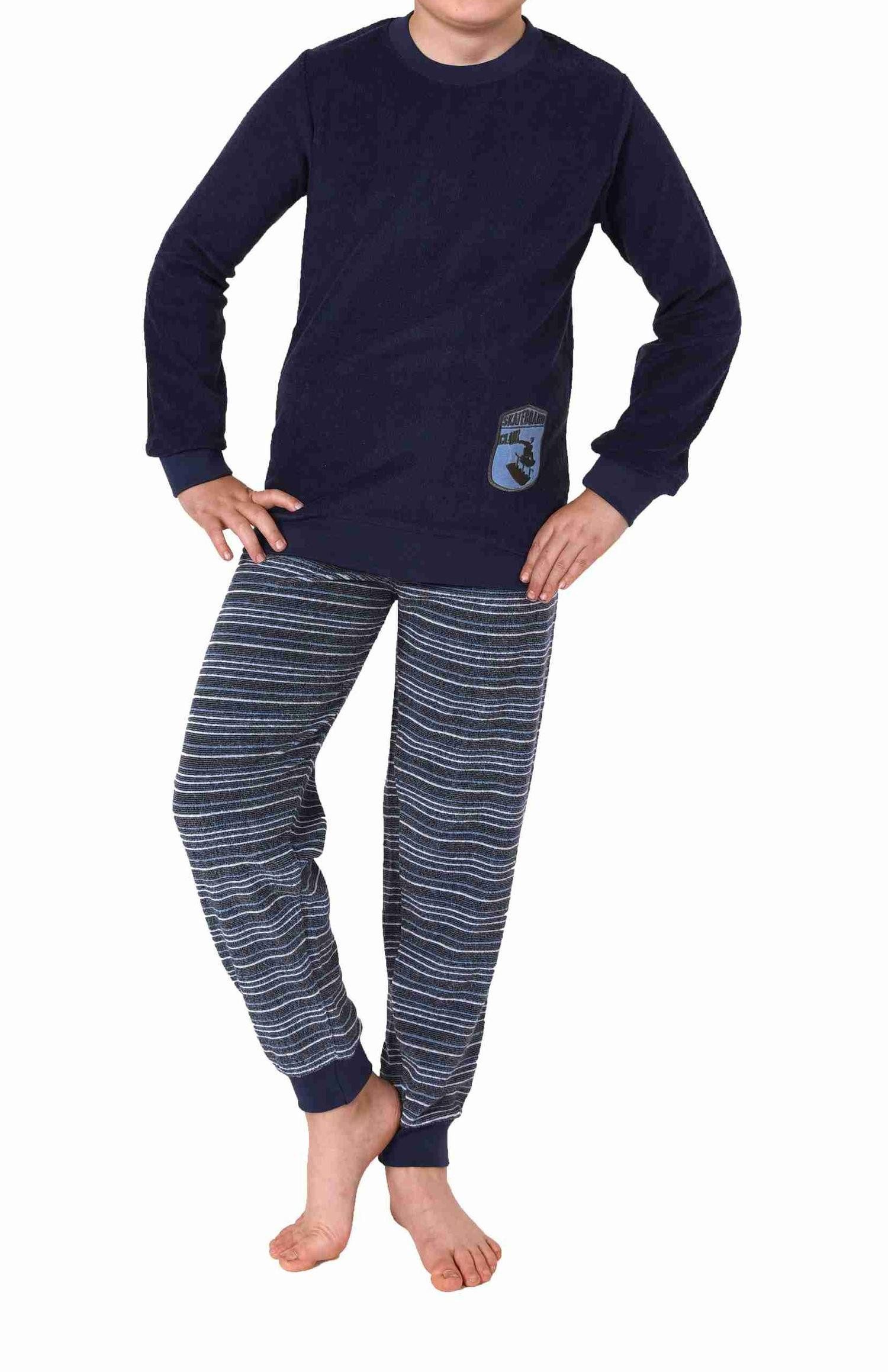 Pyjama Jungen Frottee langarm Schlafanzug mit Bündchen und Skaterboard-Motiv