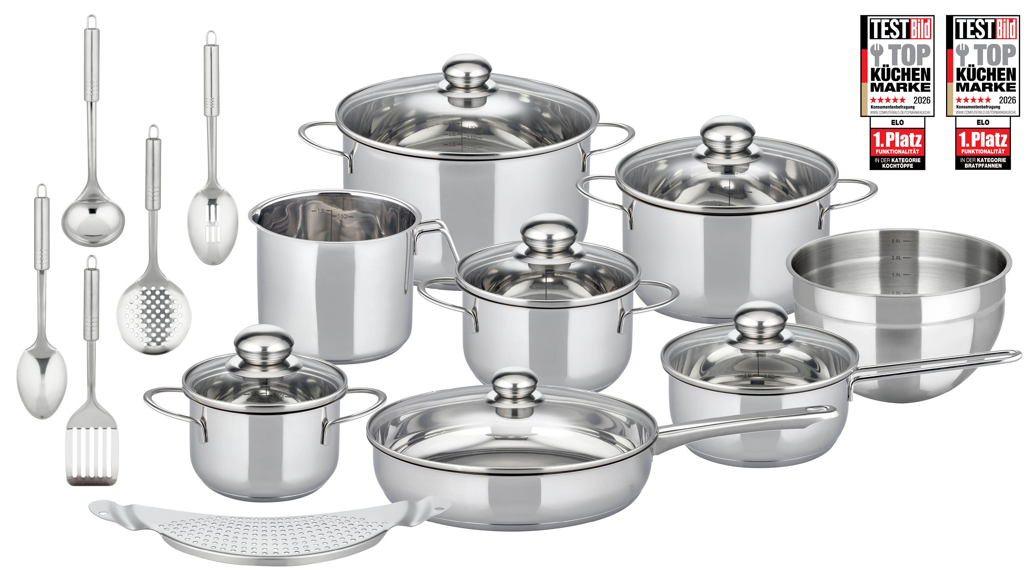 Elo Basic Topf-Set Prima Tavola Edelstahl Topfset 20-teilig, Edelstahl 201 (Set, 20-tlg), Volumenskala