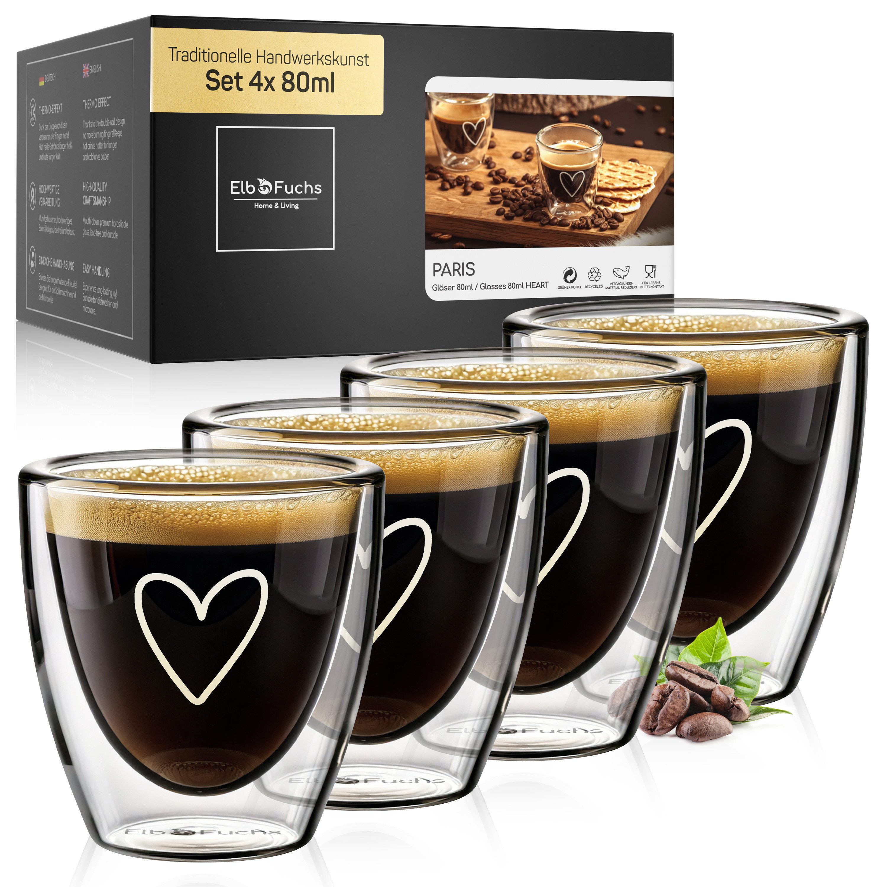 ElbFuchs Espressotasse Paris, 80 ml, Borosilikatglas, 4-tlg., Doppelwandiger Thermoeffekt