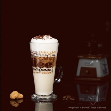 PLATINUX Latte-Macchiato-Glas Kaffeegläser mit Kaffee-Motiv, Glas, mit Griff Set 3-Teilig 200ml (max. 280ml) Glas Latte Macchiato Gläser