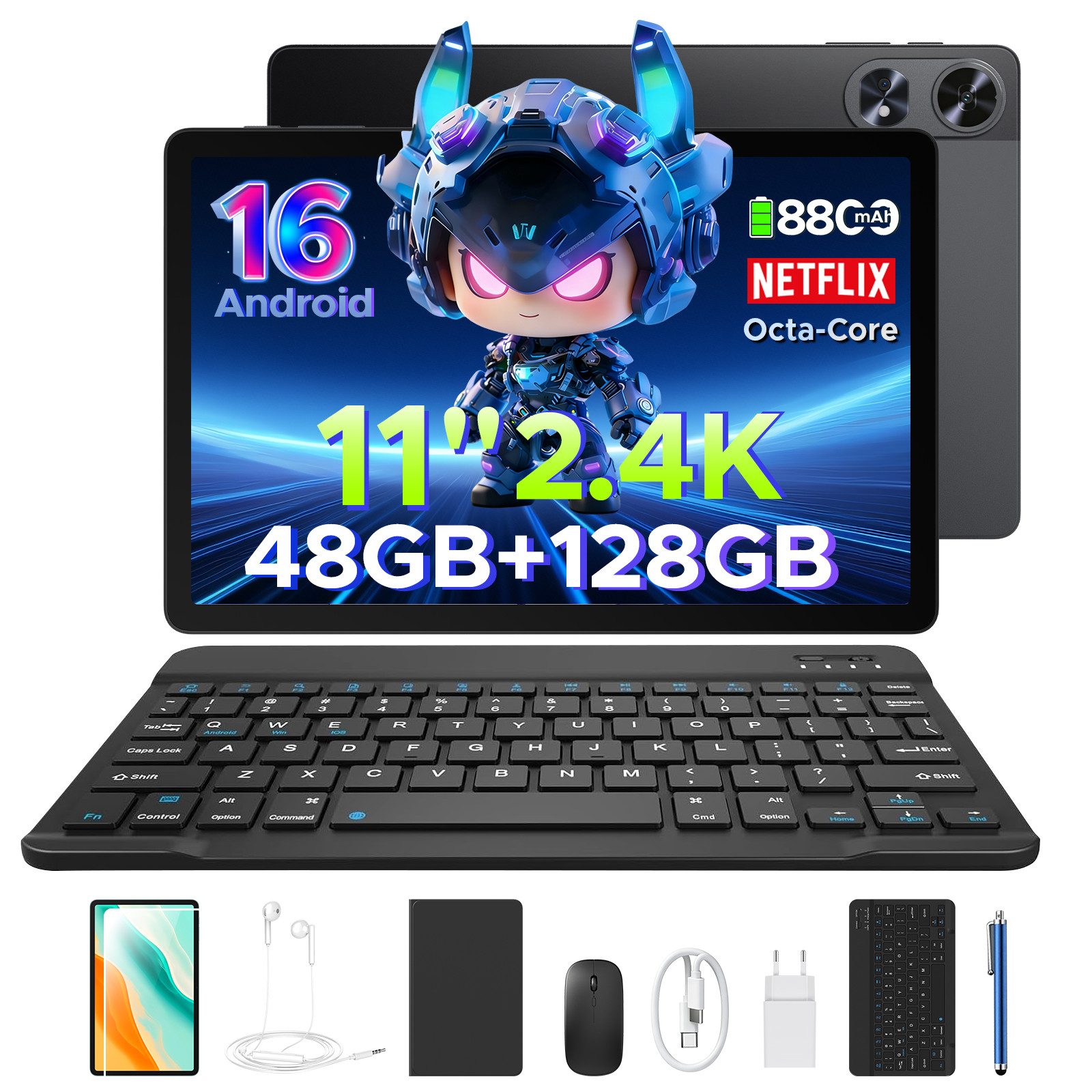 Aorlym P11 Android 16 Tablet 11 Zoll mit Tastatur und Stift, 90Hz, 8800mAh Tablet (11", 128 GB, Android 16, T7250 Octa Core, Gemini AI, 13MP + 5MP, Widevine L1, Face ID/OTG/GPS)