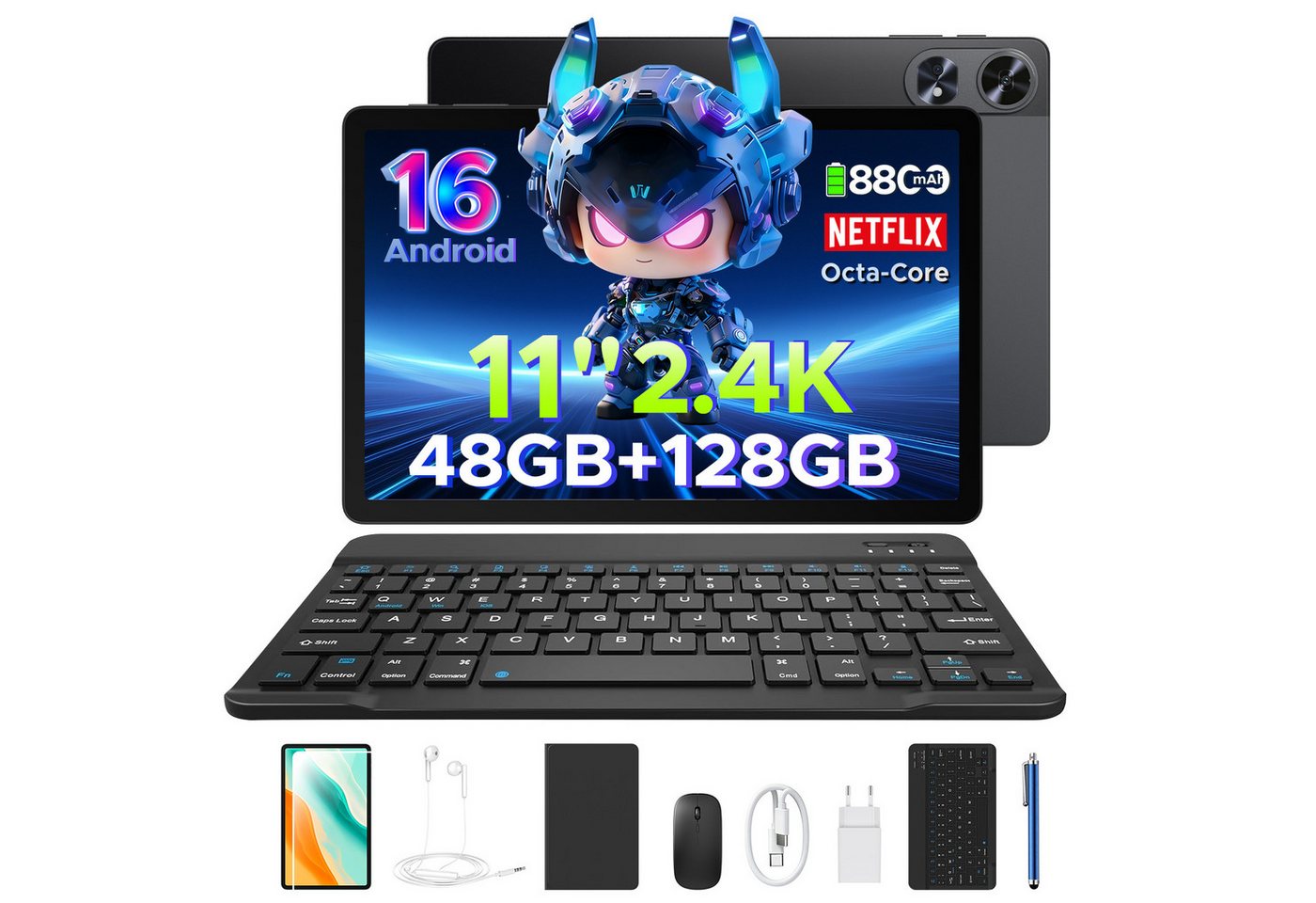 Aorlym P11 Android 16 Tablet 11 Zoll mit Tastatur und Stift, 90Hz, 8800mAh Tablet (11", 128 GB, Android 16, T7250 Octa Core, Gemini AI, 13MP + 5MP, Widevine L1, Face ID/OTG/GPS)