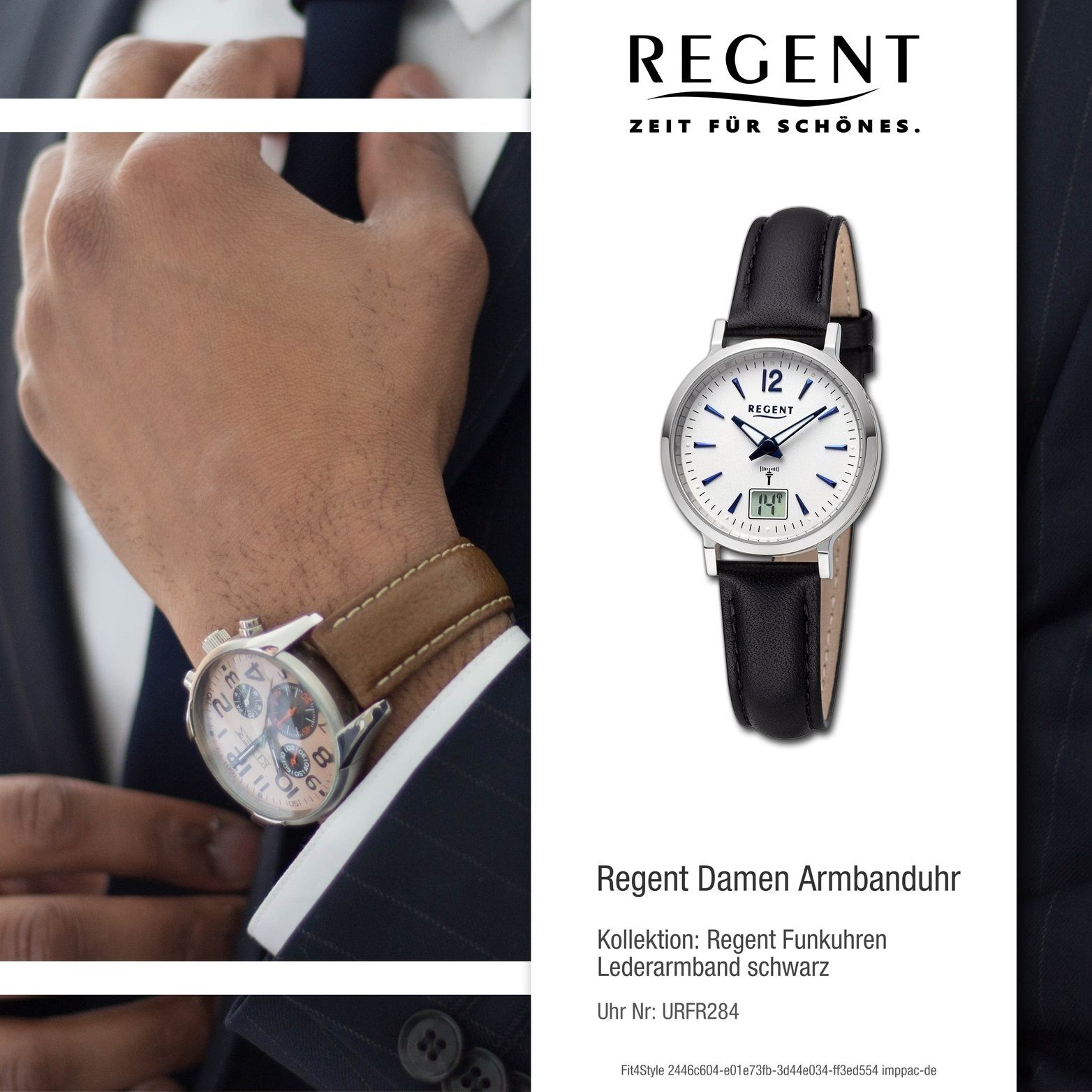 Regent Quarzuhr Regent Damen schwarz, rundes Analog-Digital, groß Damenuhr Armbanduhr Gehäuse, (ca. extra Lederarmband 30mm)