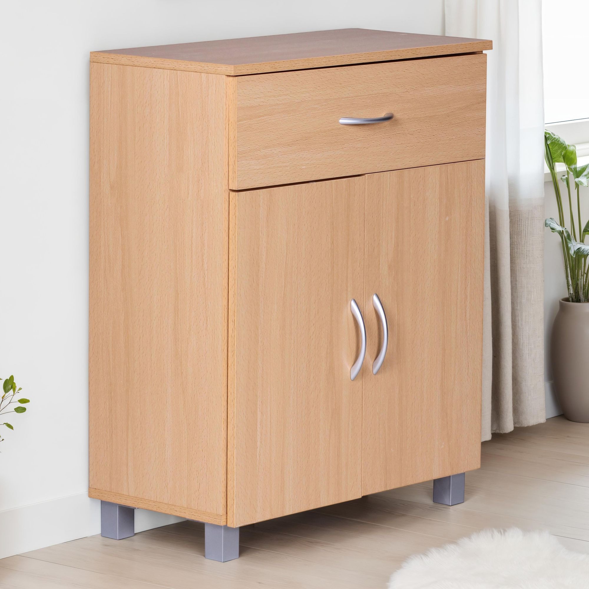 Wohnling Sideboard WL1.335 (SETE Buche mit 2 Schubladen & 2 Türen 60x75x30 cm), Design Kommode Anrichte Flur-Schrank mit Griffen