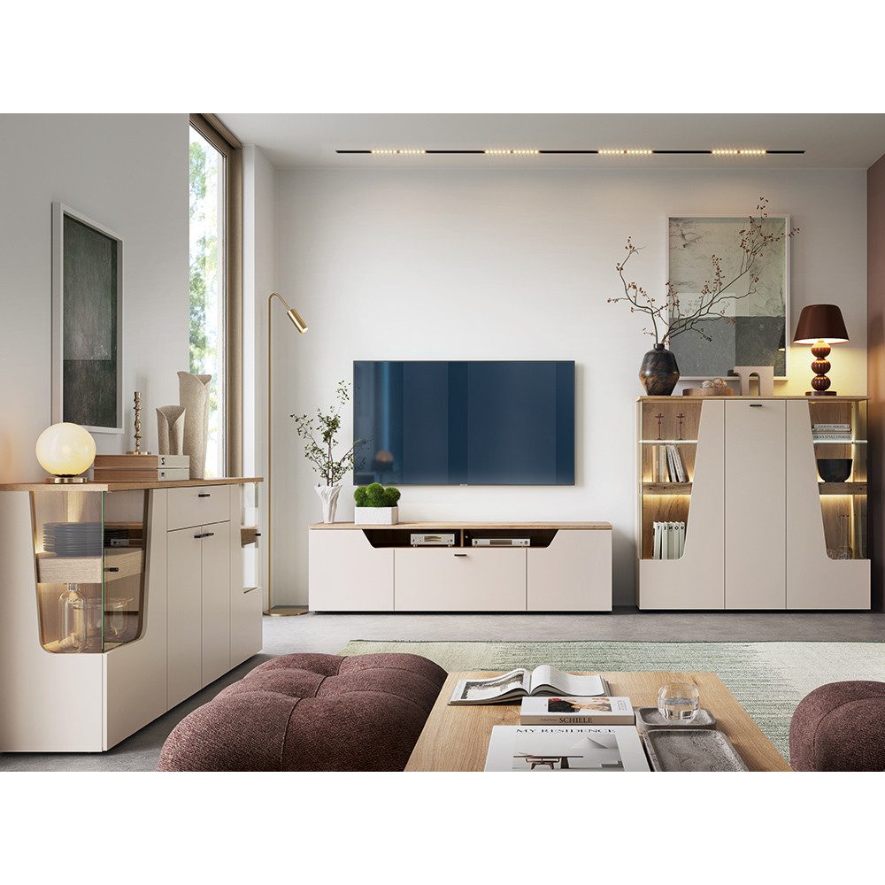 Lomadox Wohnzimmer-Set CARMONA-129, (Mega-Spar-Set, 3-St., Highboard Lowboard Sideboard), in Kaschmir und Eiche, inkl. LED-Beleuchtung