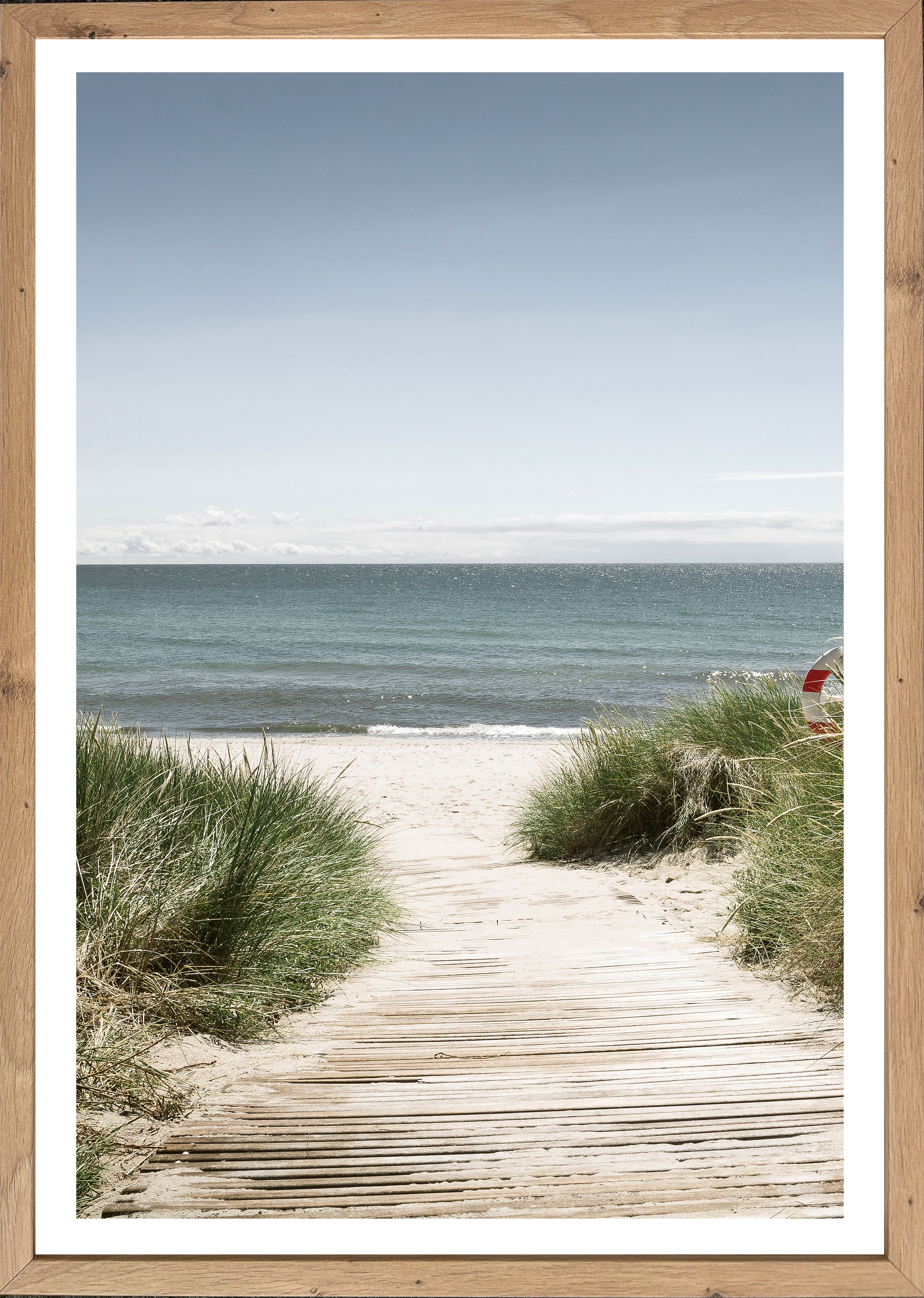 Bönninghoff Bild mit Rahmen Wandbild gerahmt STRANDWEG 50x70 cm – Holzsteg zum Meer im Scandi Stil, Düne, Gräser, Küste, Landschaft, Meer, Natur, Strand (1 St), mit dekorativem Rahmen