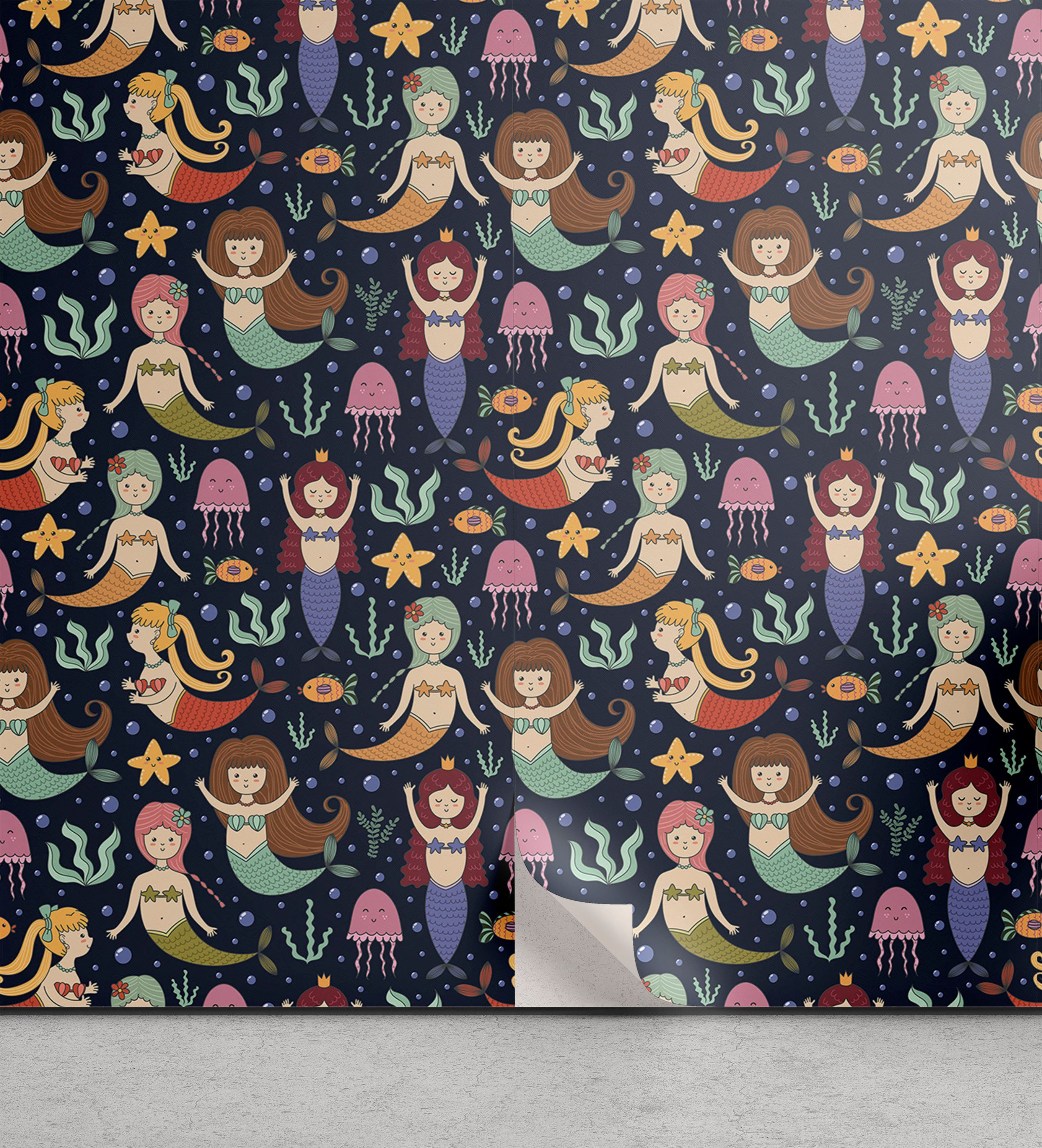 Abakuhaus Vinyltapete selbstklebendes Wohnzimmer Meerjungfrau Küchenakzent, Tails bunten mit Mädchen