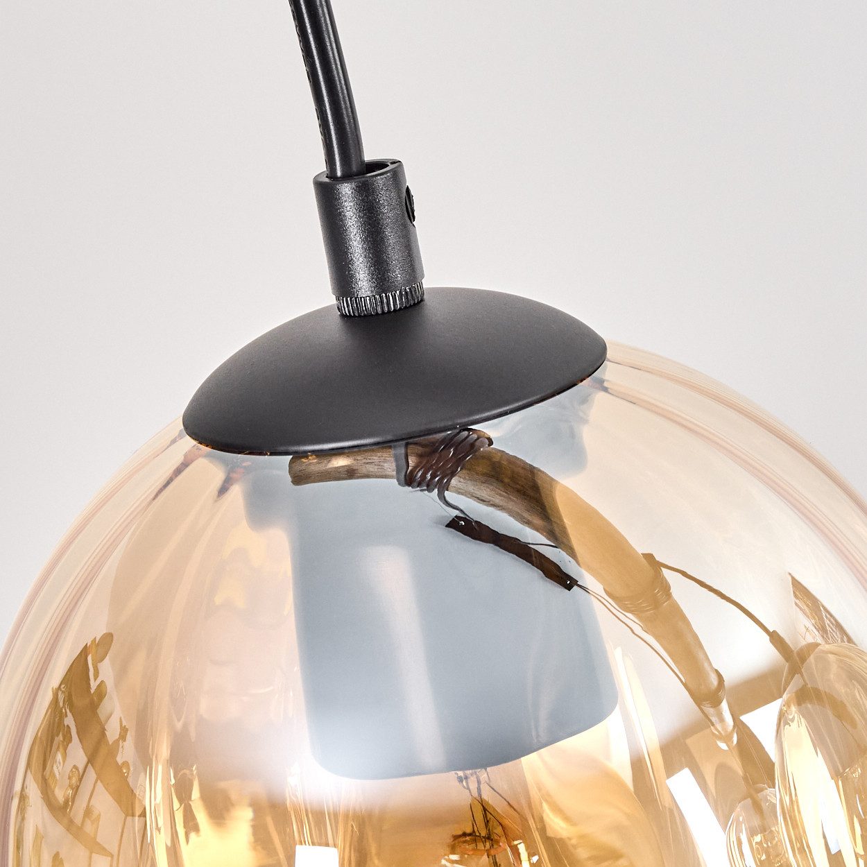 hofstein Pendelleuchte Hängelampe aus Metall/Holz/Riffelglas in Schwarz/Natur/Bernstein, Hängeleuchte im Retro/Boho-Design m. Holzbalken, (Schirme Ø 15cm), E27