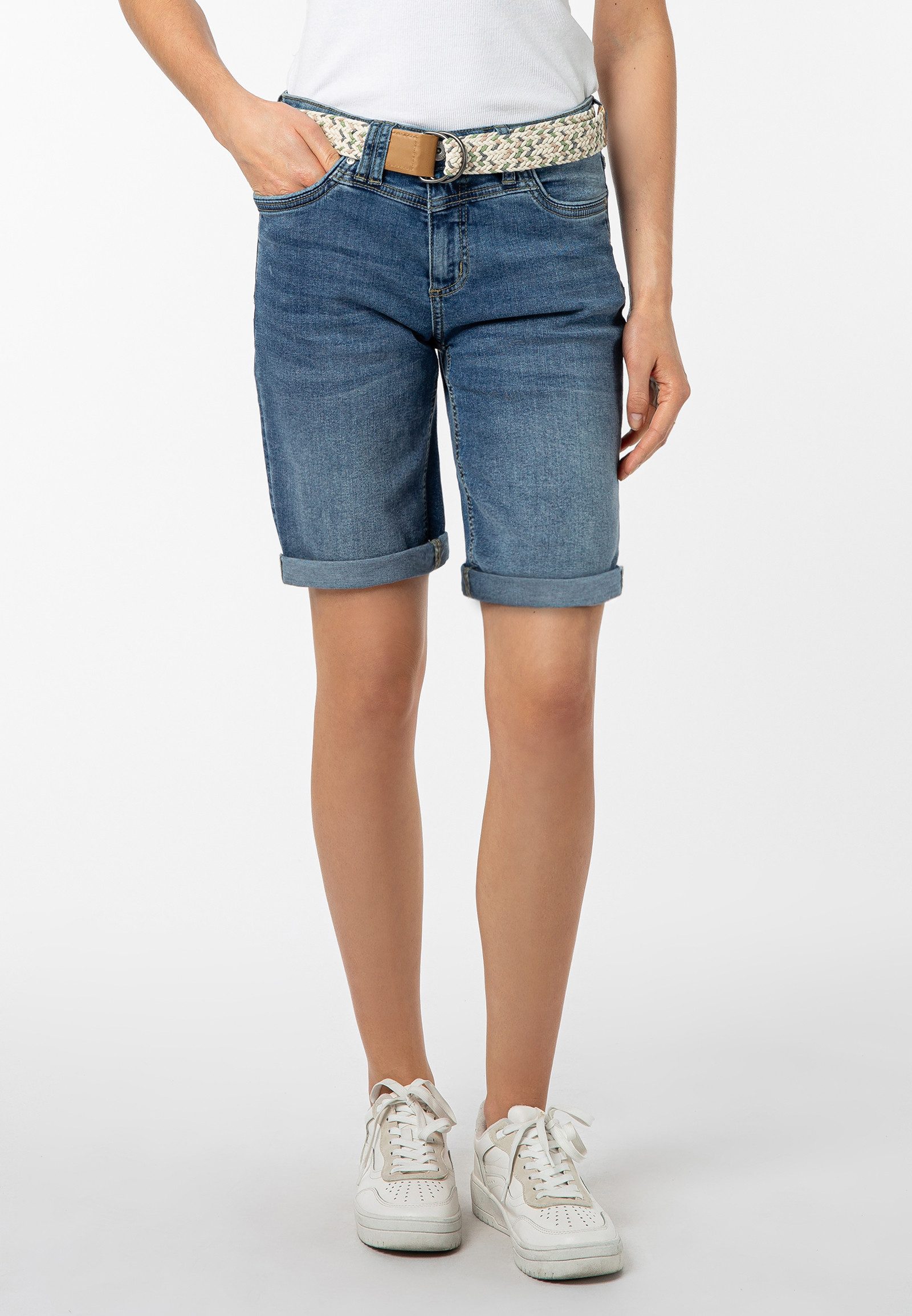SUBLEVEL Jeansbermudas Damen Jeans Shorts kurze Hose mit buntem Gürtel 5 Po günstig online kaufen