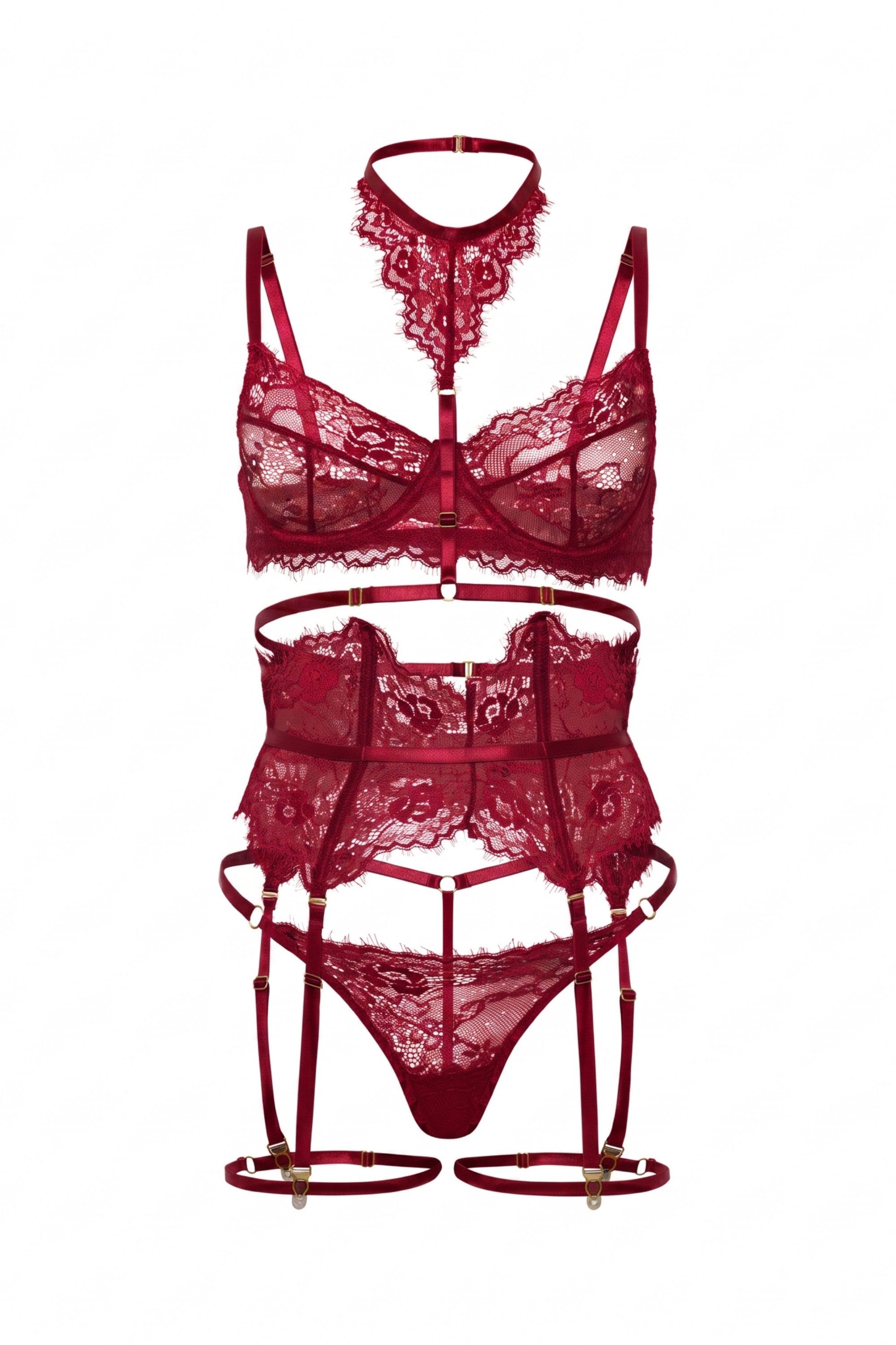 Elegant Love Set: Bügel-BH Sexy Lingerie-Set aus Spitze – Dessous-Set mit Strapsen (Set, 5-tlg., Halsband + BH + Tanga + Taillenband + Beinriemen) Sinnliche Damenunterwäsche – Reizwäsche für besondere Momente